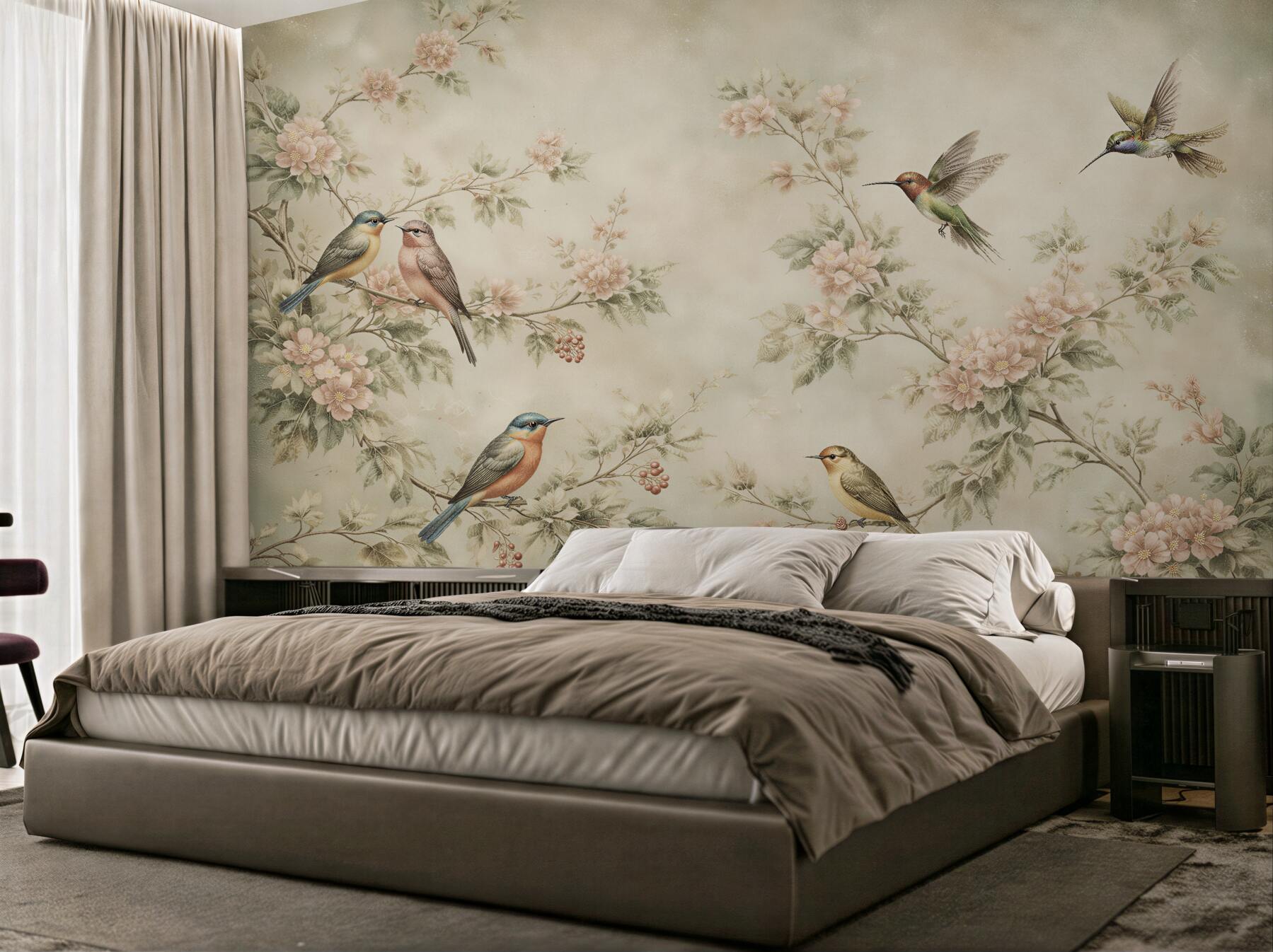 Fototapeten Romantische Vögel in Blumen