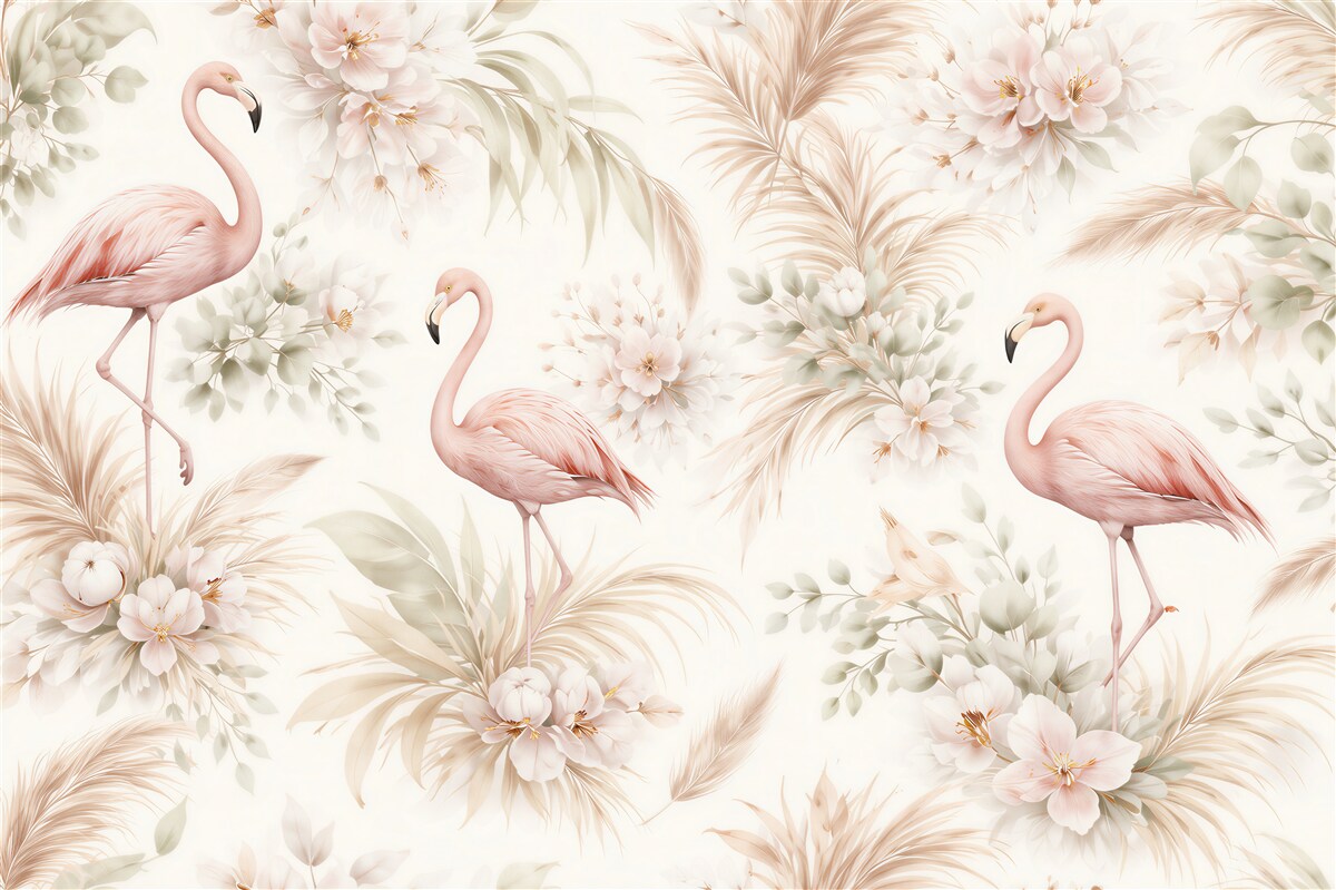 Fototapeten Pastellfarbene Flamingos in Blumen