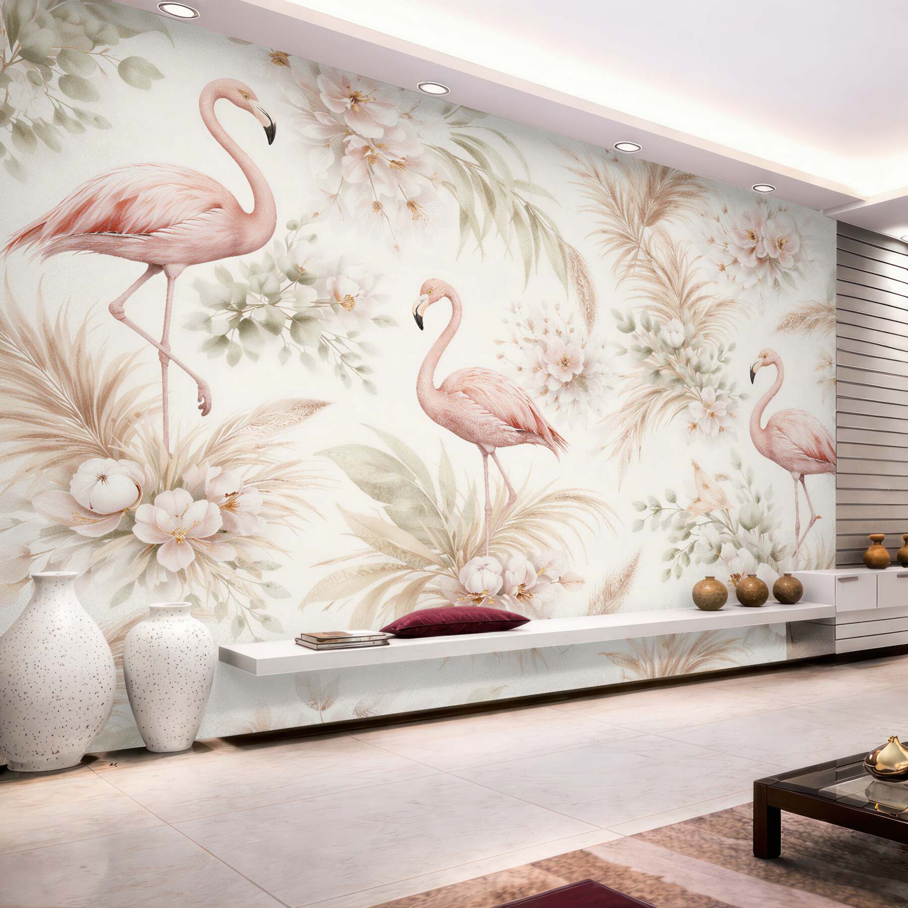 Fototapeten Pastellfarbene Flamingos in Blumen