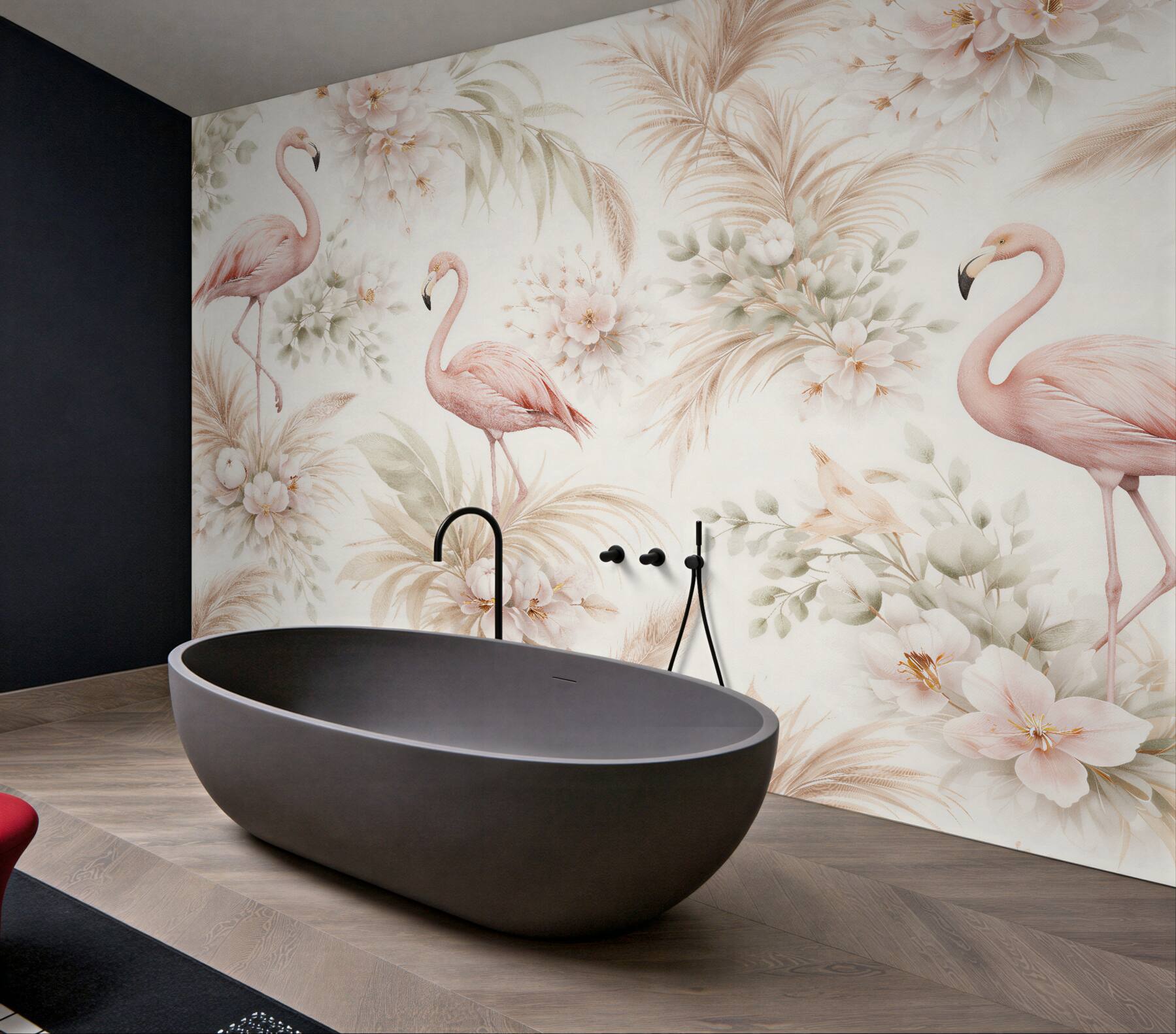 Fototapeten Pastellfarbene Flamingos in Blumen