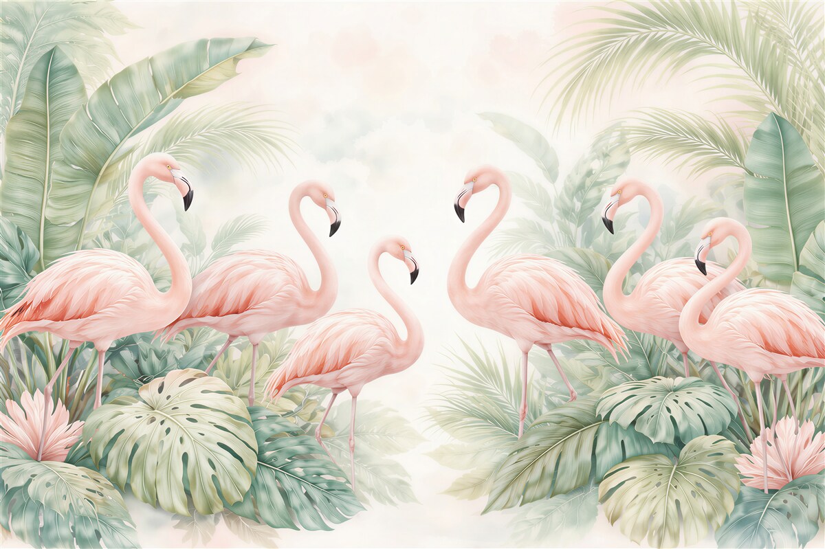 Fototapeten Flamingos in tropischen Blättern