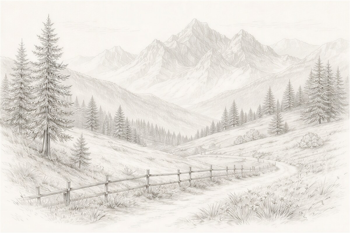 Fototapeten Skizze einer Berglandschaft