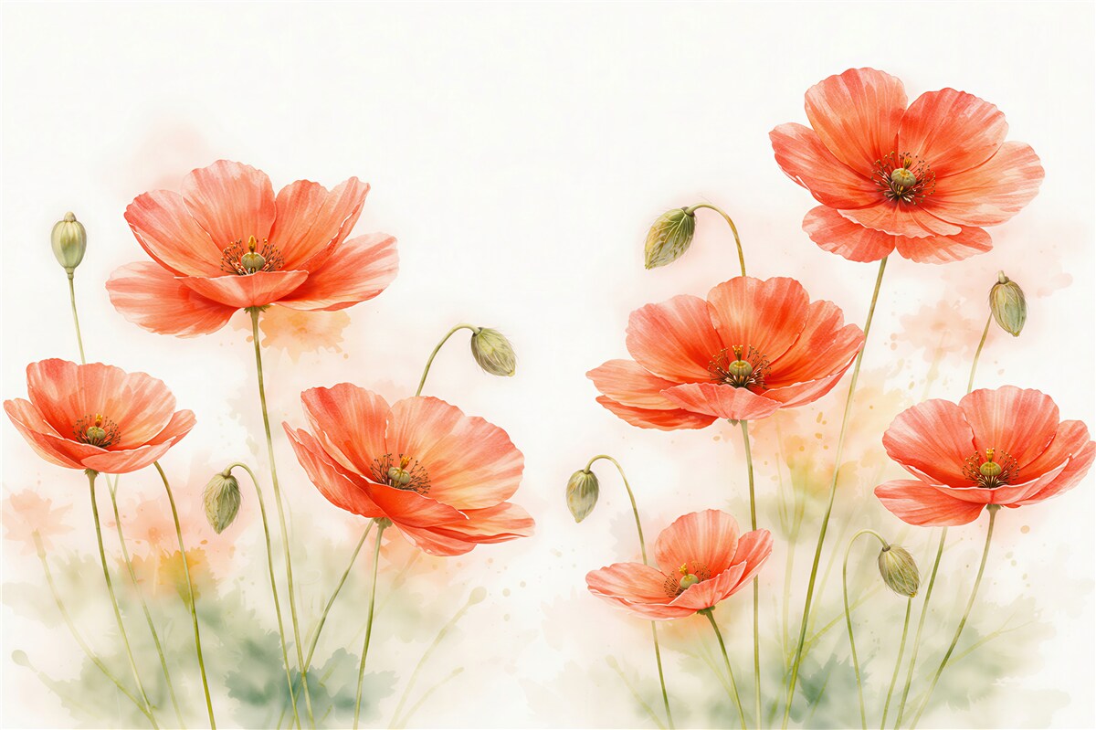 Fototapeten korallenfarbene Mohnblumen auf hellem Hintergrund