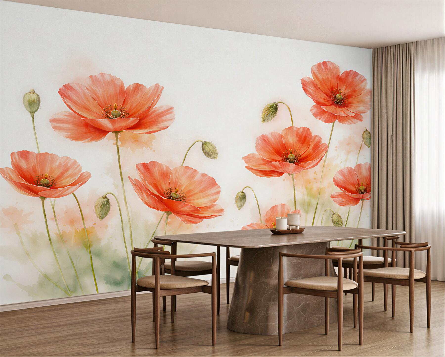 Fototapeten korallenfarbene Mohnblumen auf hellem Hintergrund