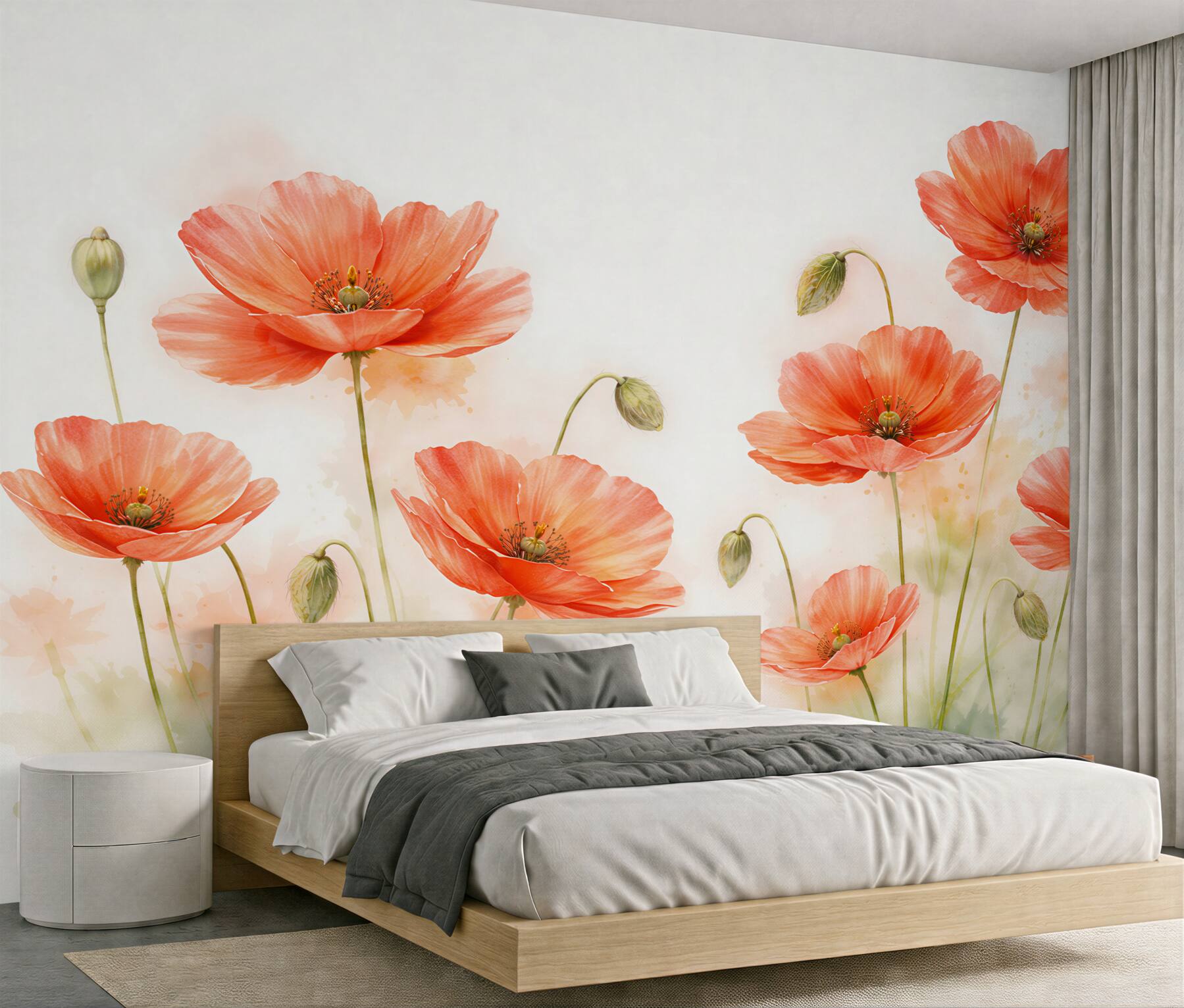 Fototapeten korallenfarbene Mohnblumen auf hellem Hintergrund