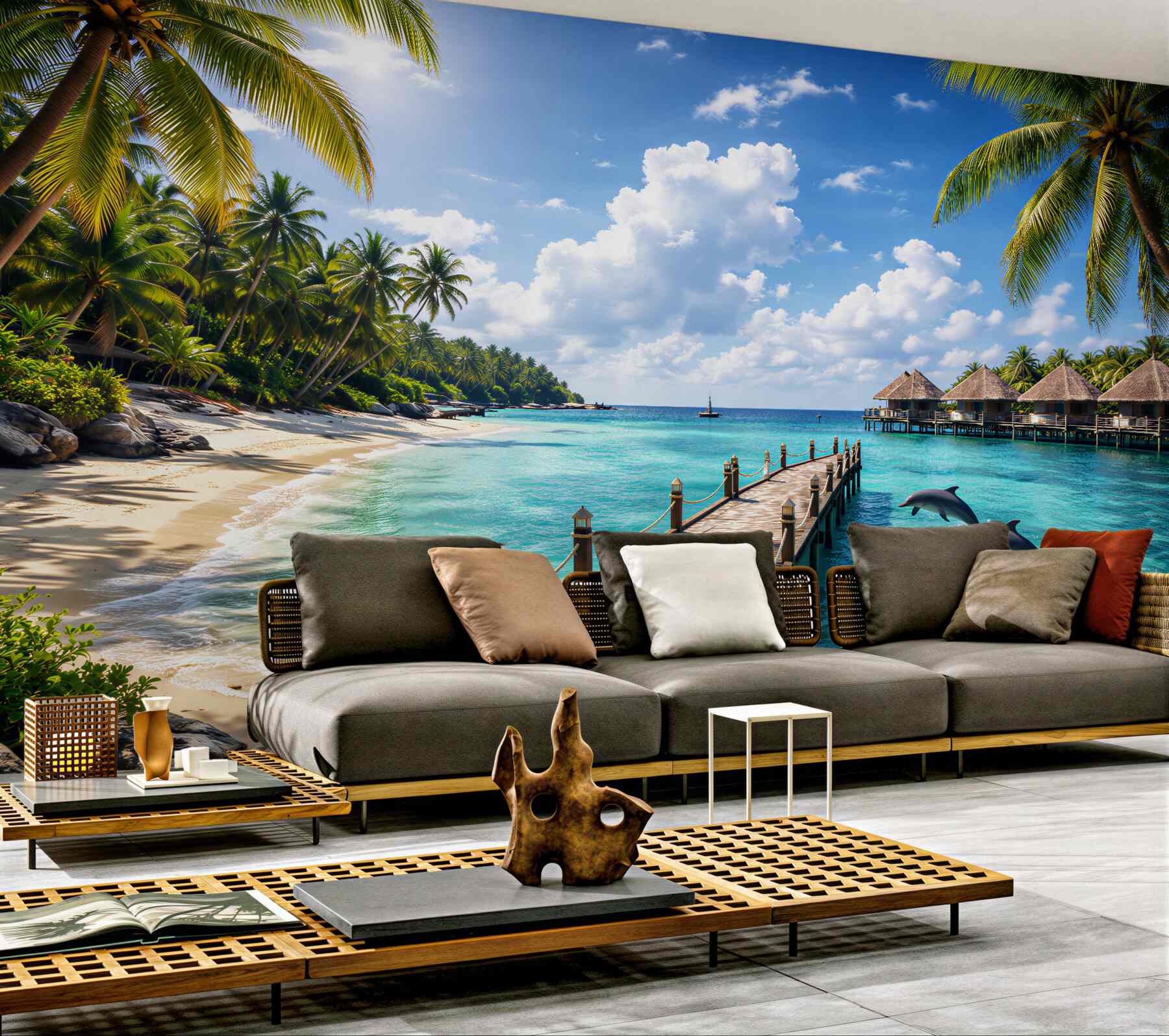 Fototapeten Paradiesischer Strand mit Delfinen