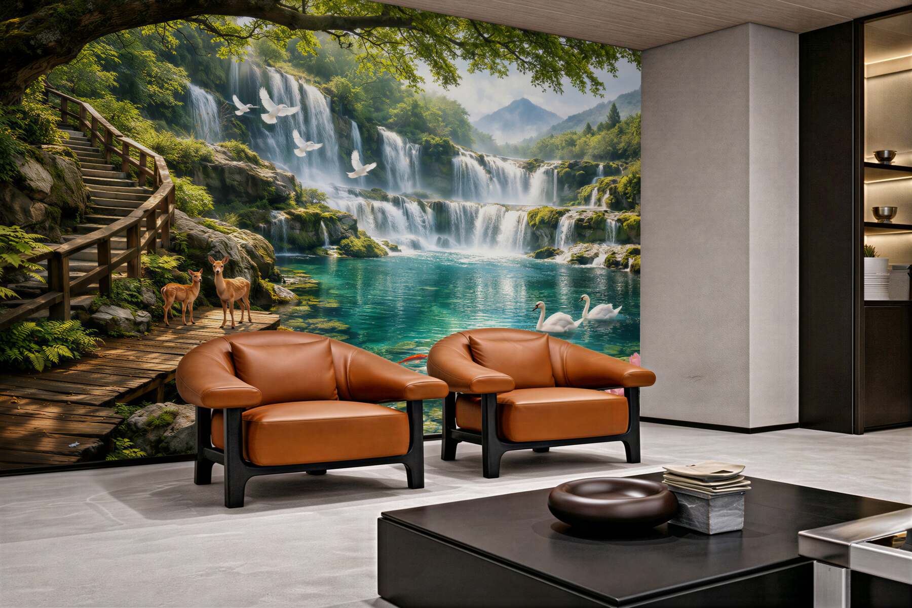 Fototapeten Paradiesischer Wasserfall mit Schwänen