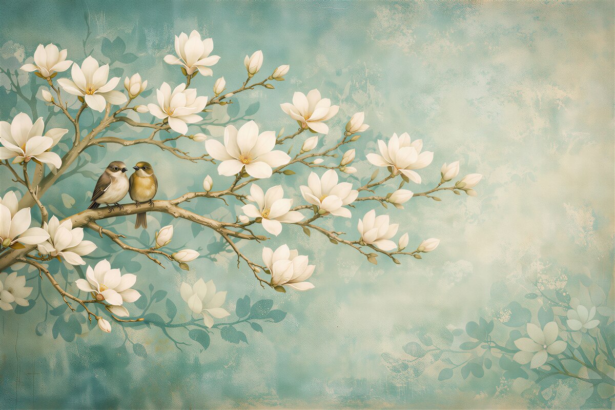 Fototapeten Magnolien mit Vögelchen auf einem Zweig