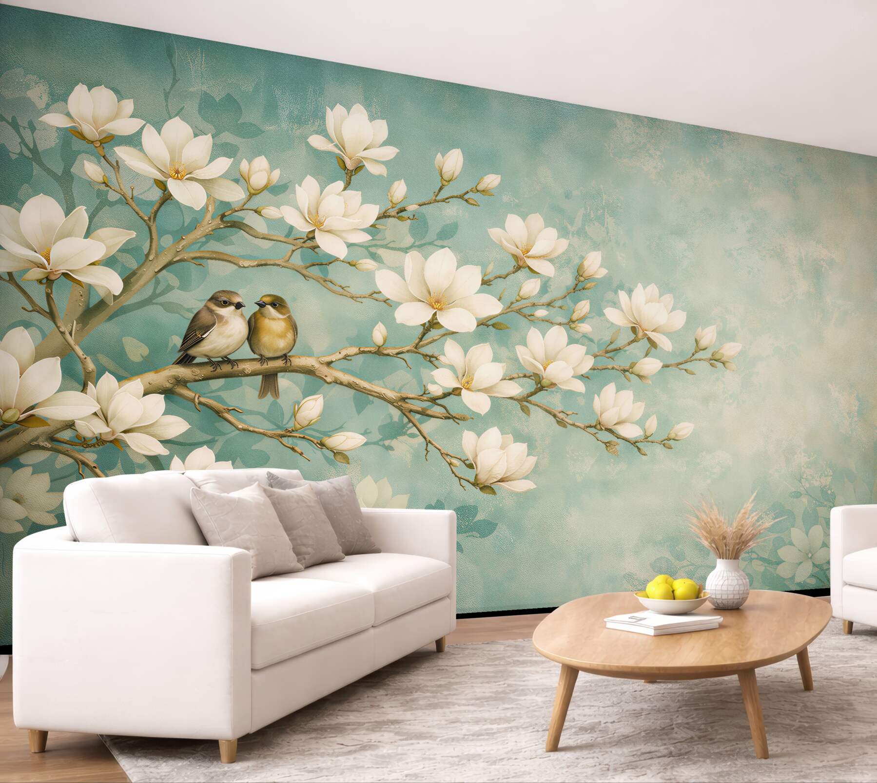 Fototapeten Magnolien mit Vögelchen auf einem Zweig