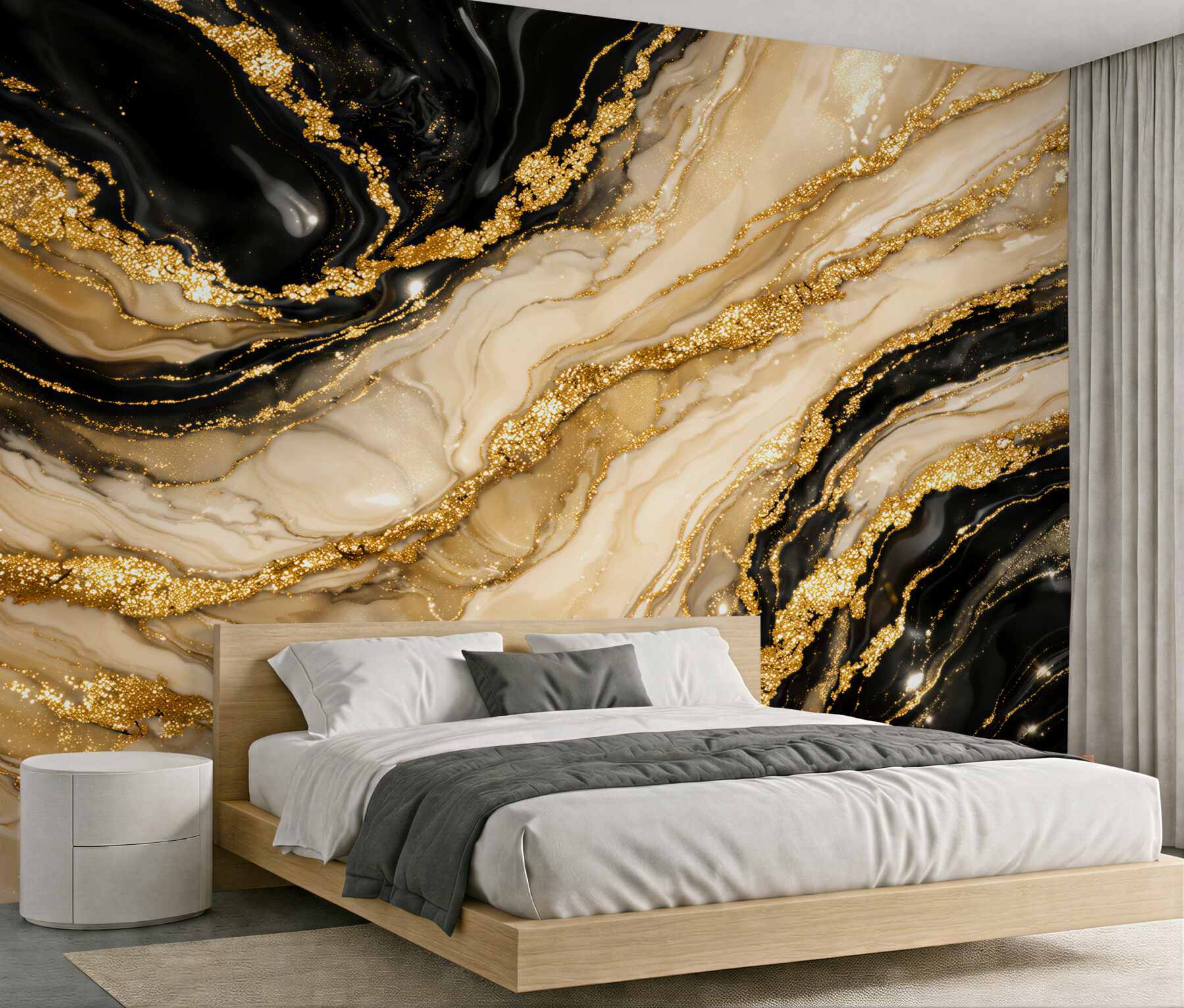Fototapeten Marmorierter Glanz goldener Wellen
