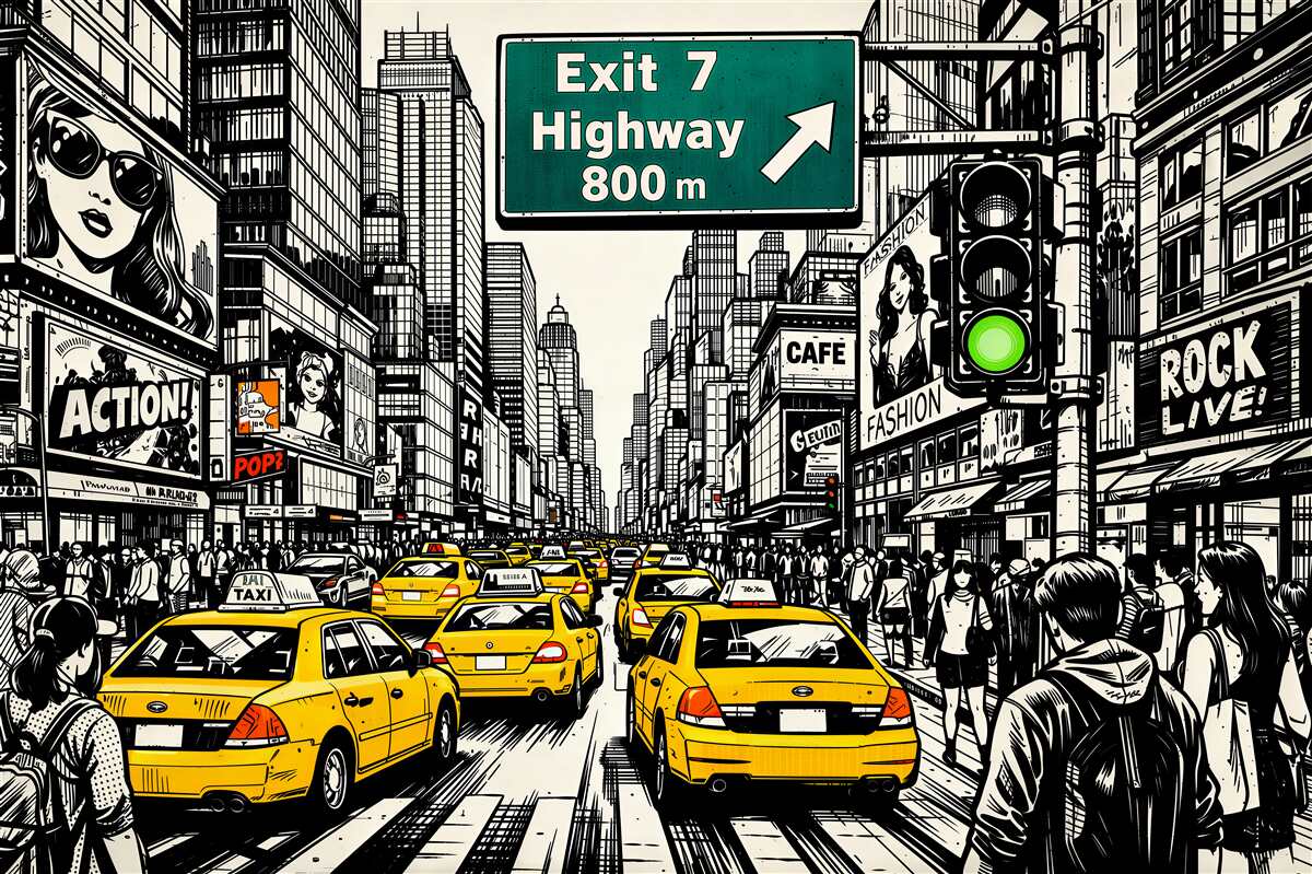 Fototapeten Comic-Straße mit gelben Taxis