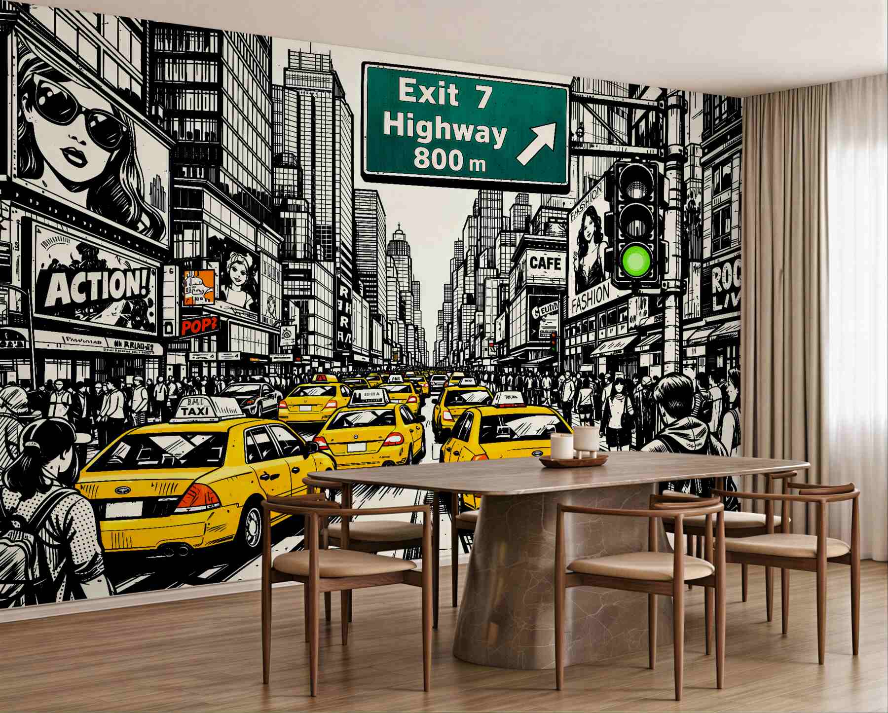 Fototapeten Comic-Straße mit gelben Taxis
