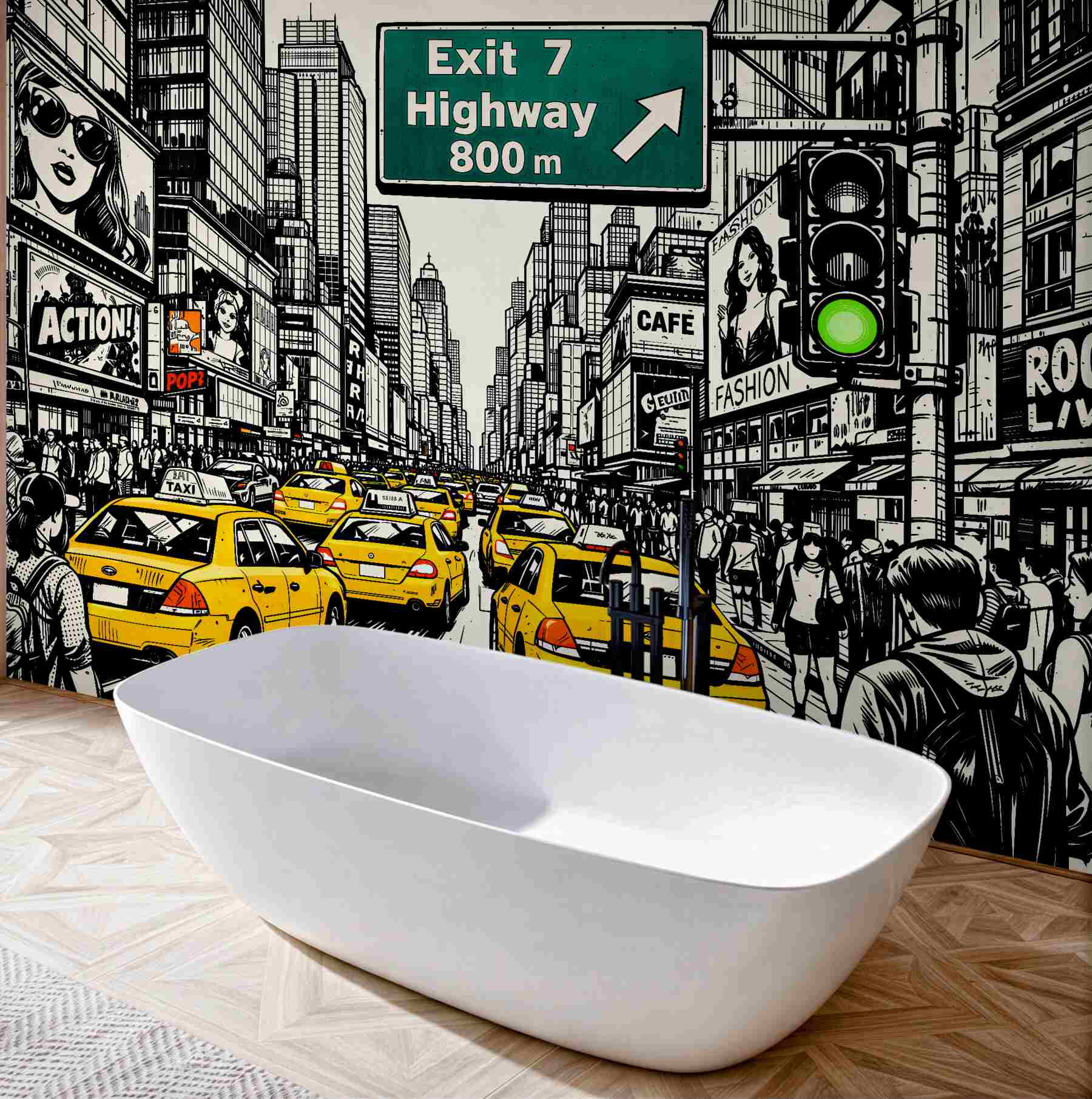 Fototapeten Comic-Straße mit gelben Taxis
