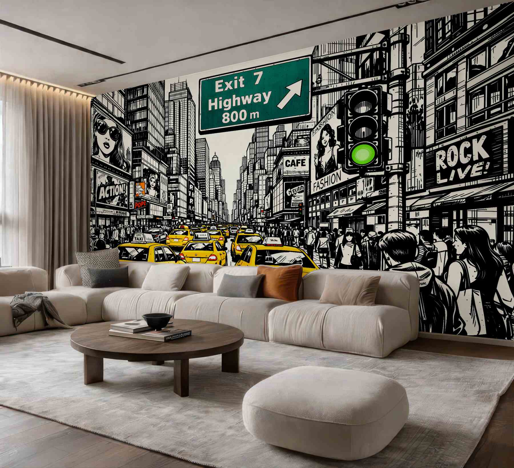 Fototapeten Comic-Straße mit gelben Taxis