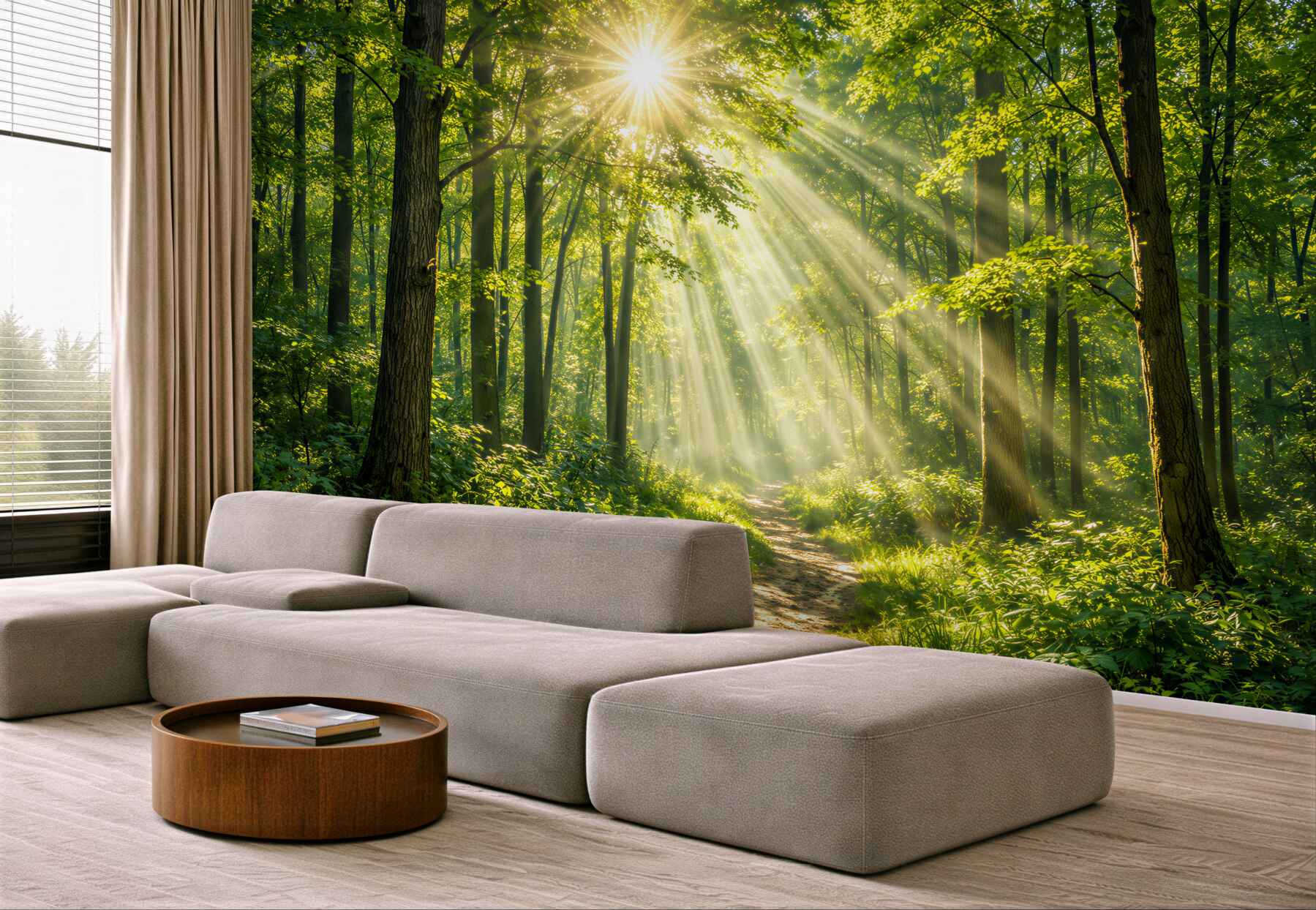 Fototapeten Sonniger Wald mit Waldweg