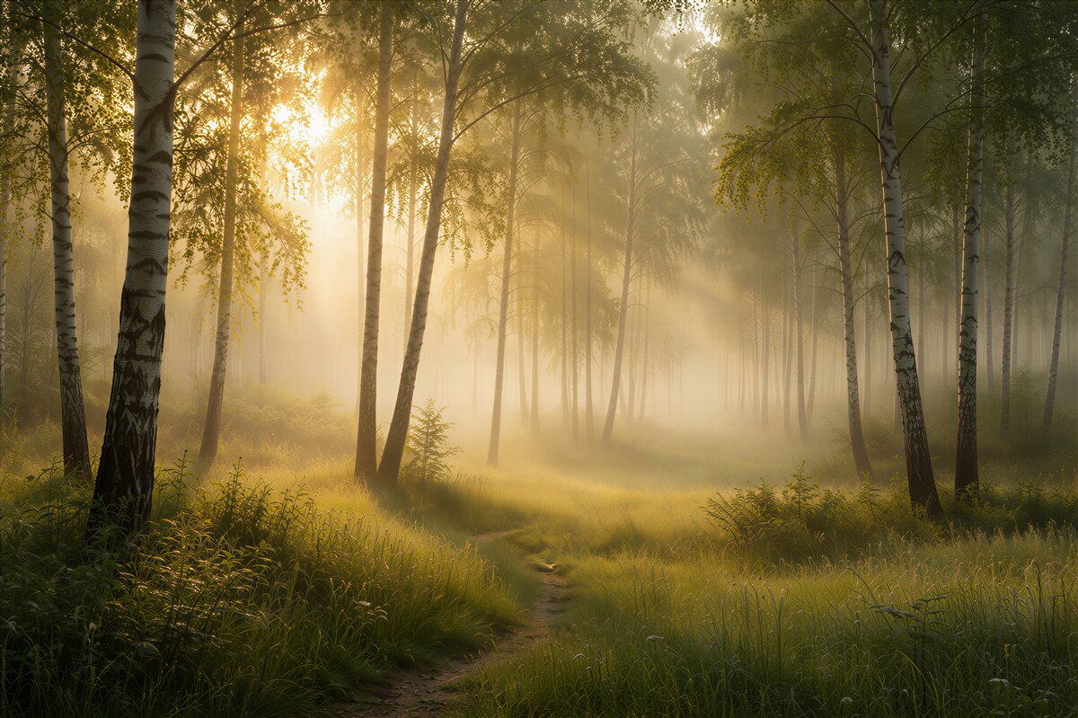 Fototapeten Birkenwald im Nebel bei Tagesanbruch