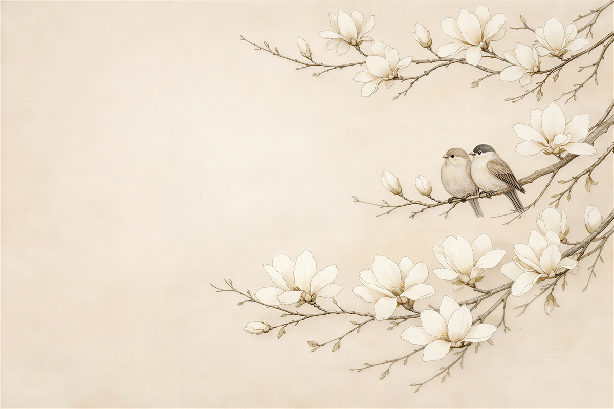 Fototapeten Magnolien mit Vögelchen in Beige