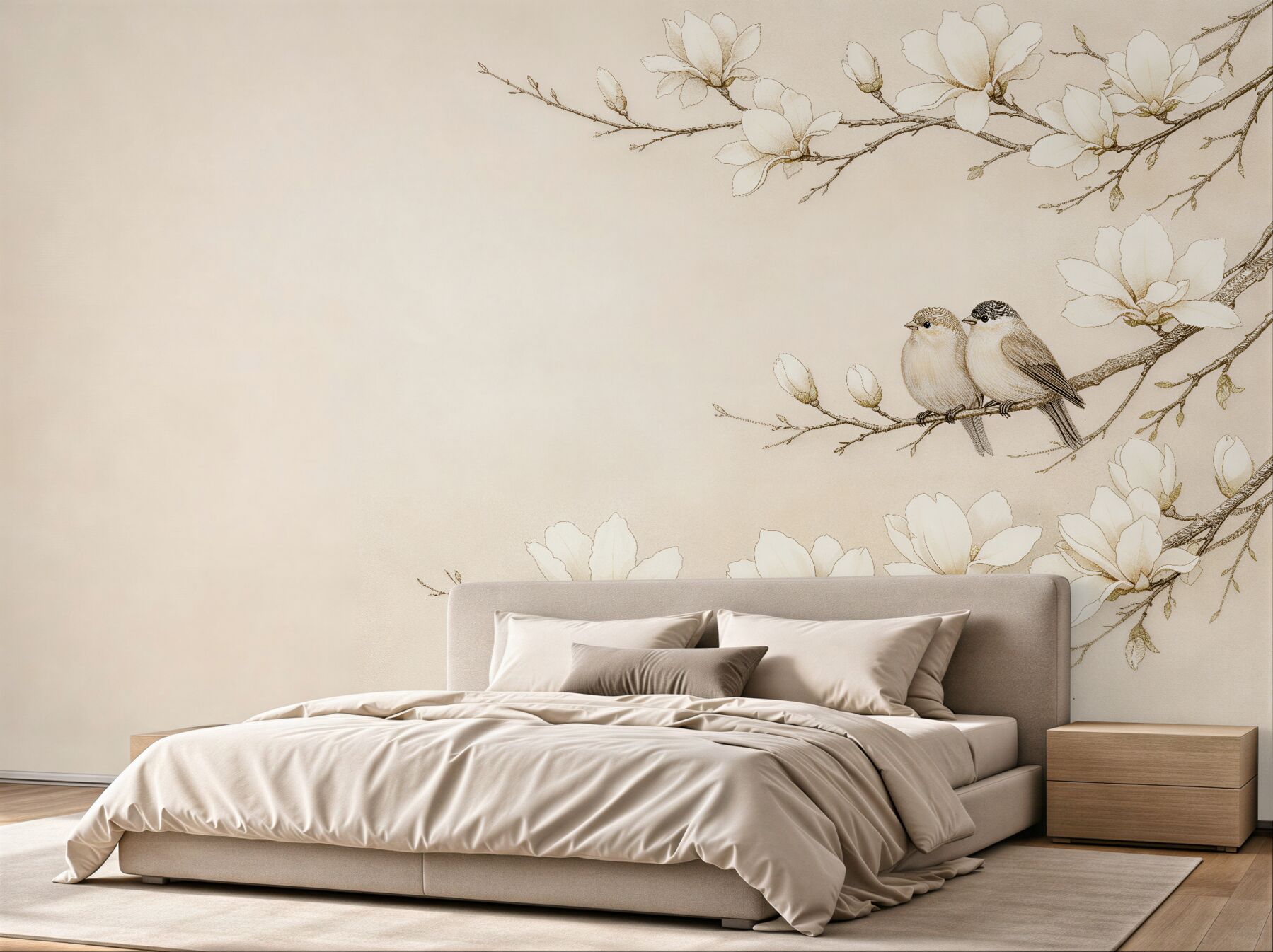Fototapeten Magnolien mit Vögelchen in Beige