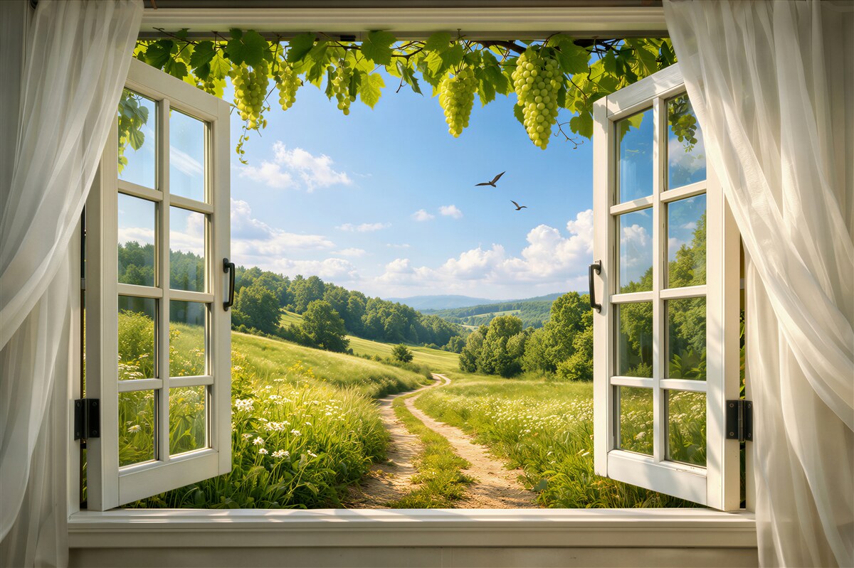 Fototapeten Blick aus dem Fenster auf eine Wiese