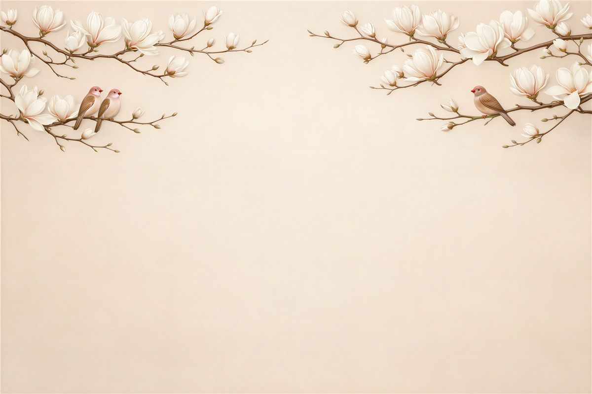 Fototapeten Magnolien mit Vögeln in Beige