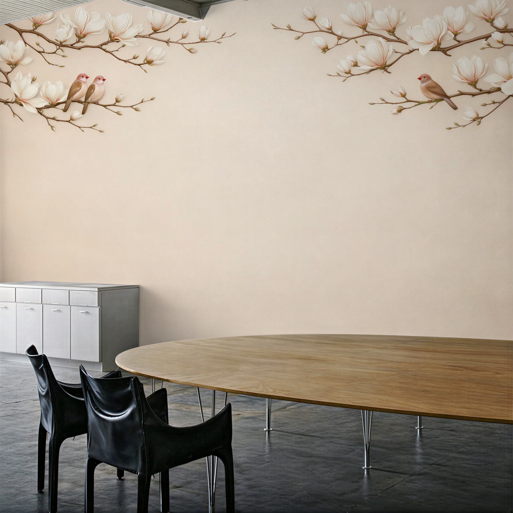 Fototapeten Magnolien mit Vögeln in Beige