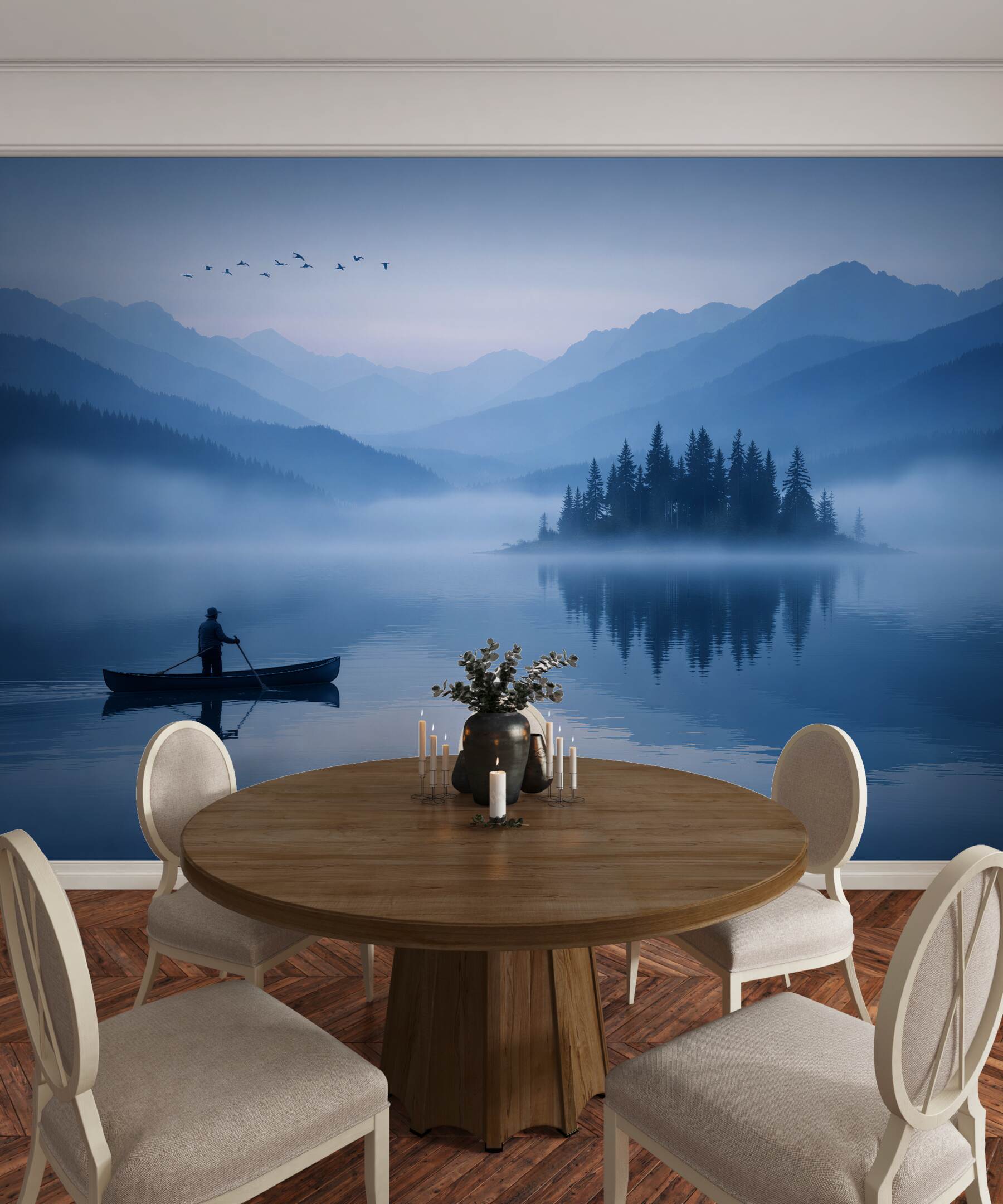 Fototapeten Neblige Berglandschaft am See