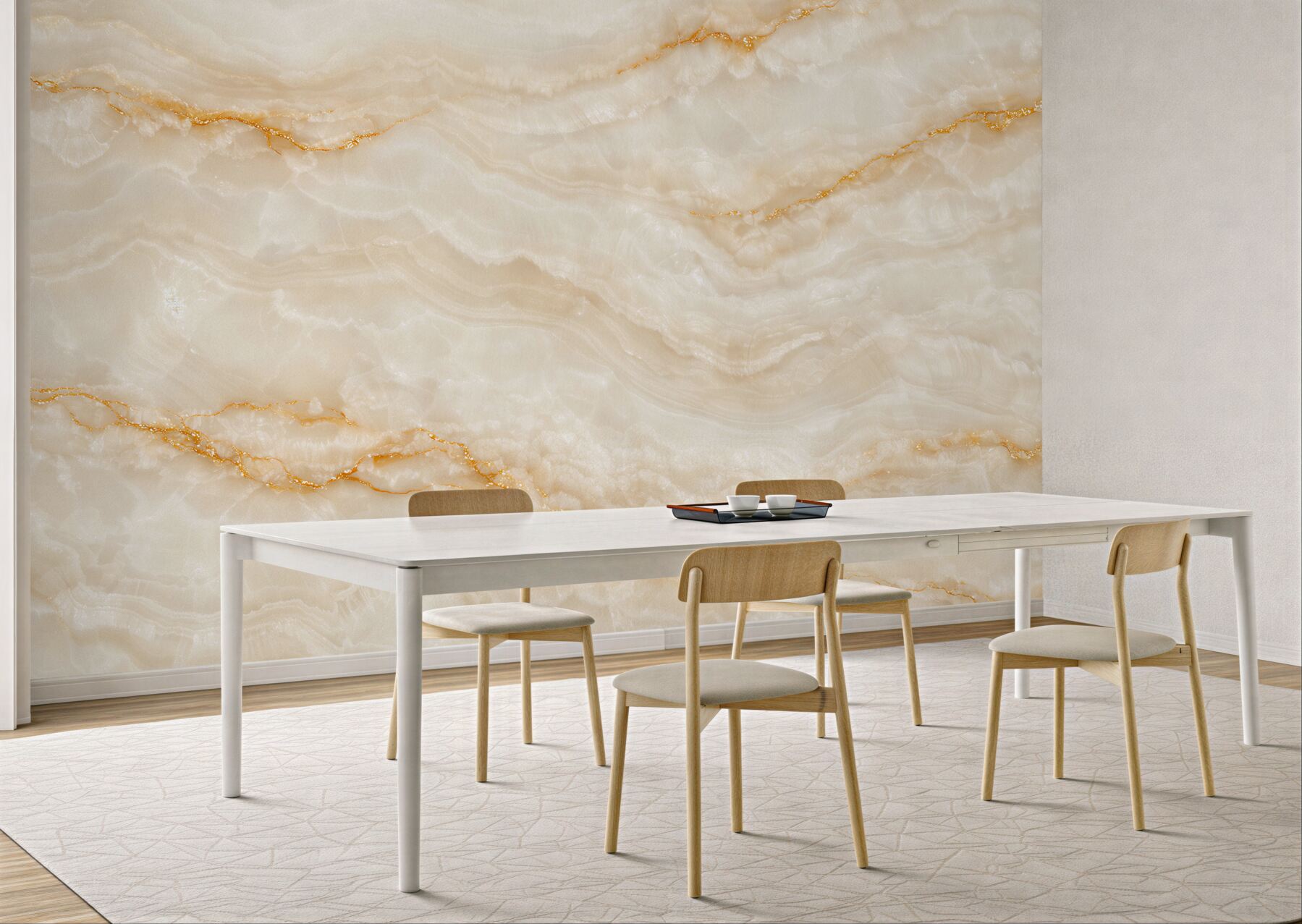 Fototapeten Goldener Onyx in cremefarbener Eleganz