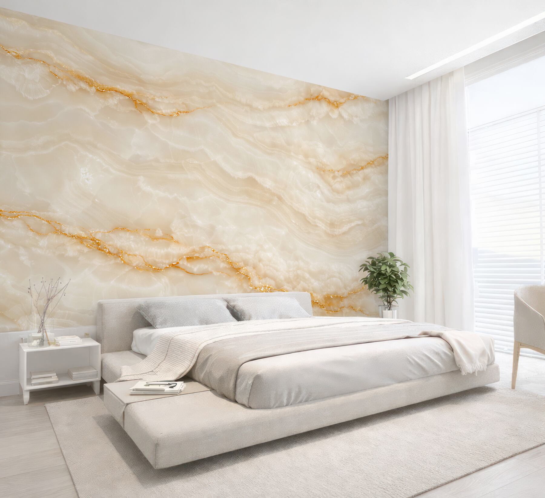 Fototapeten Goldener Onyx in cremefarbener Eleganz