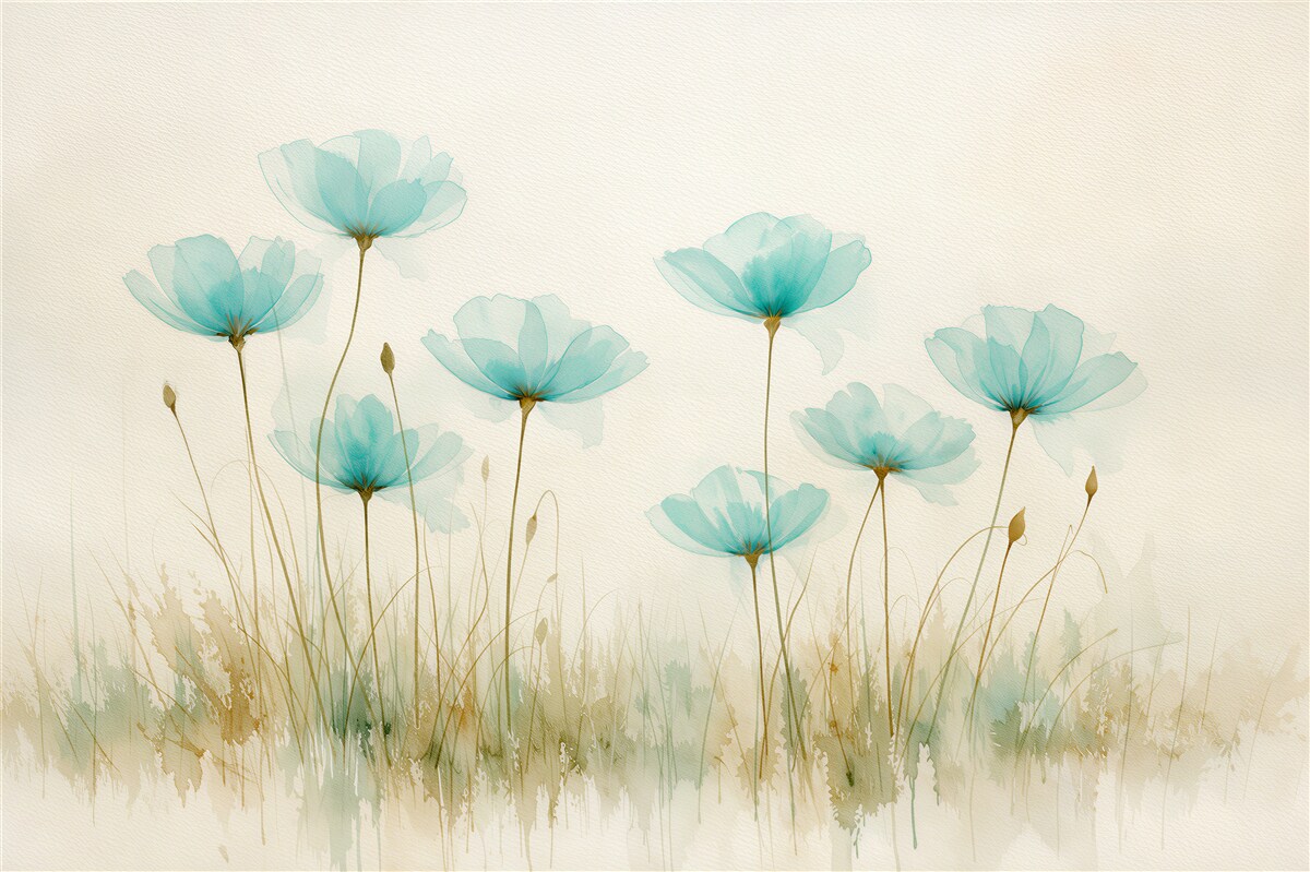 Fototapeten Türkise Blumen in zarter Aquarellmalerei