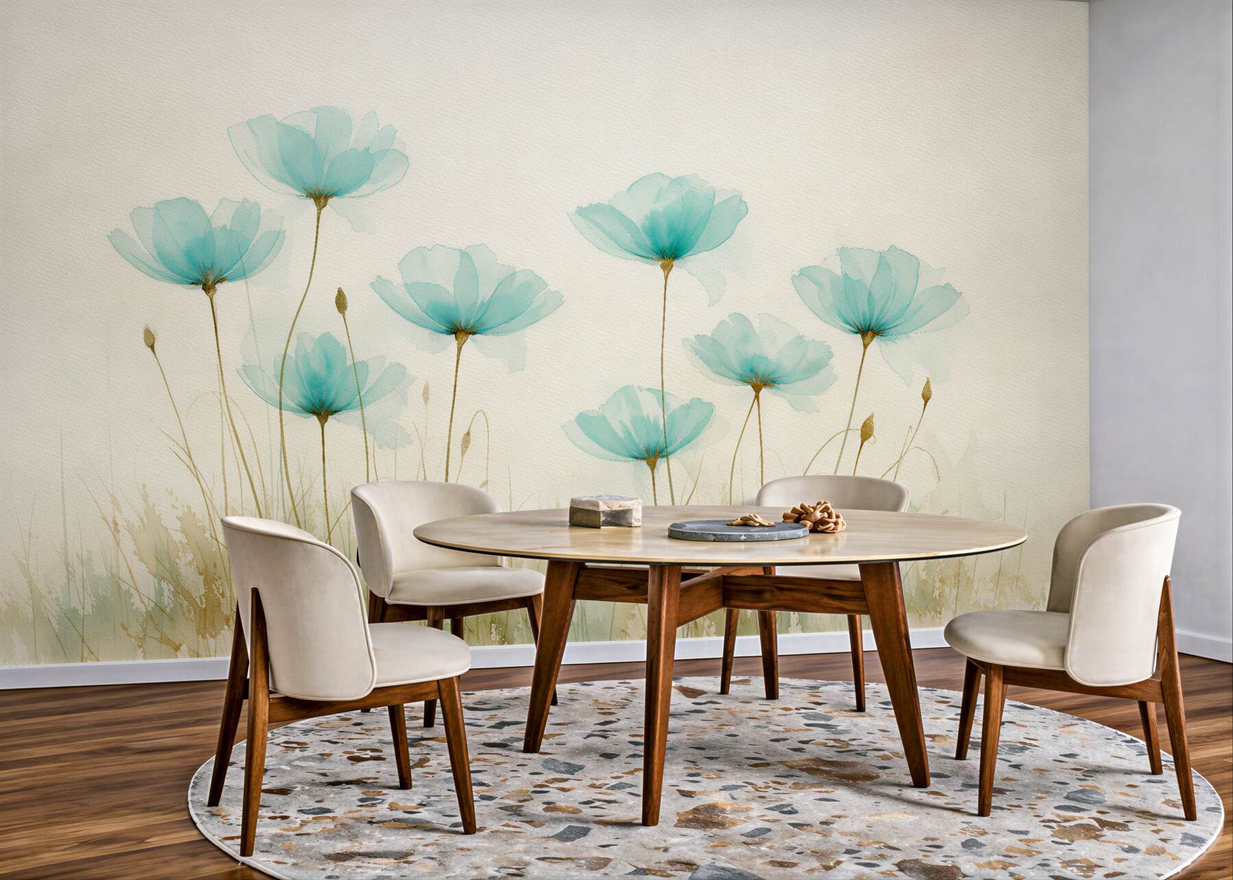 Fototapeten Türkise Blumen in zarter Aquarellmalerei
