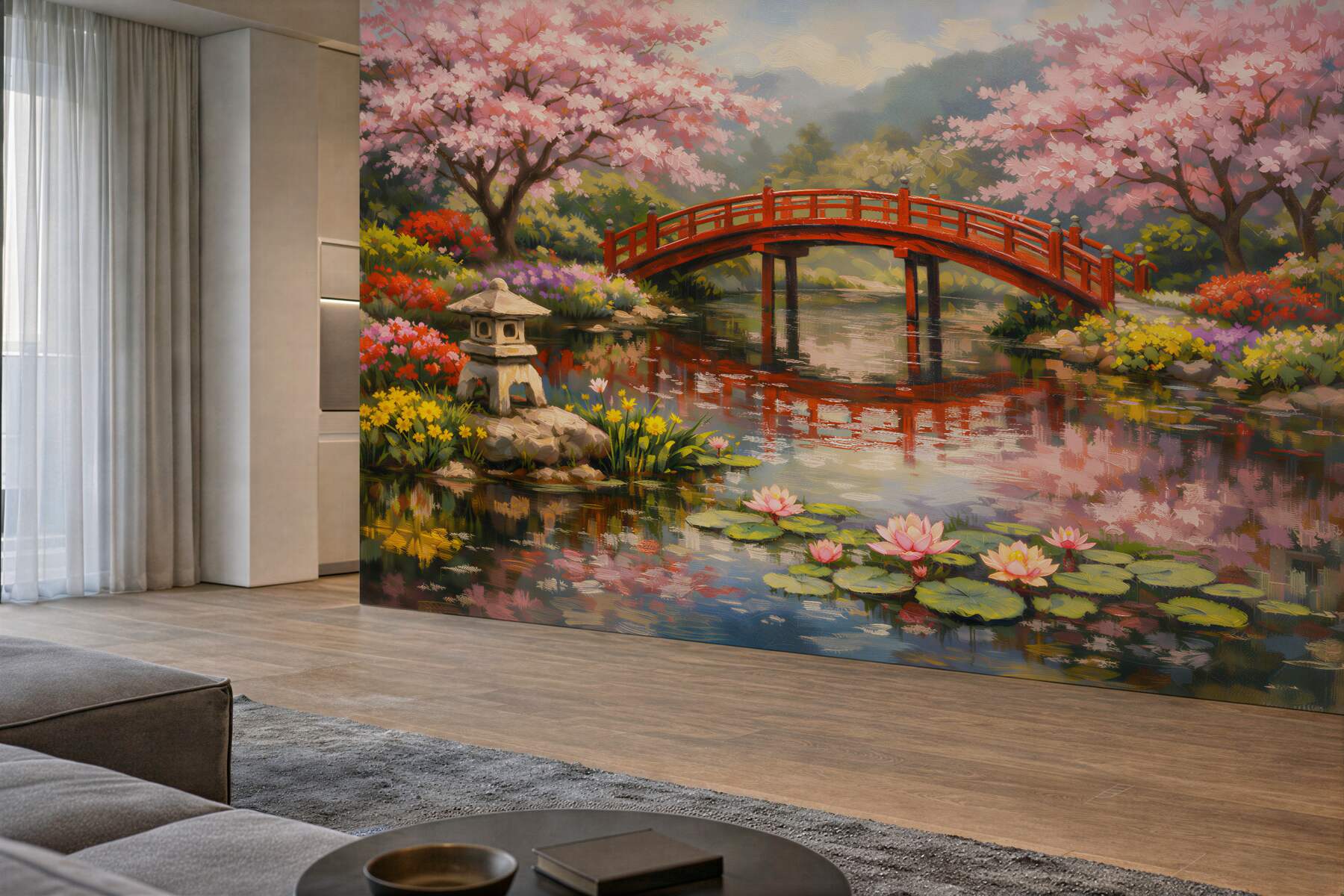 Fototapeten Japanischer Garten mit roter Brücke