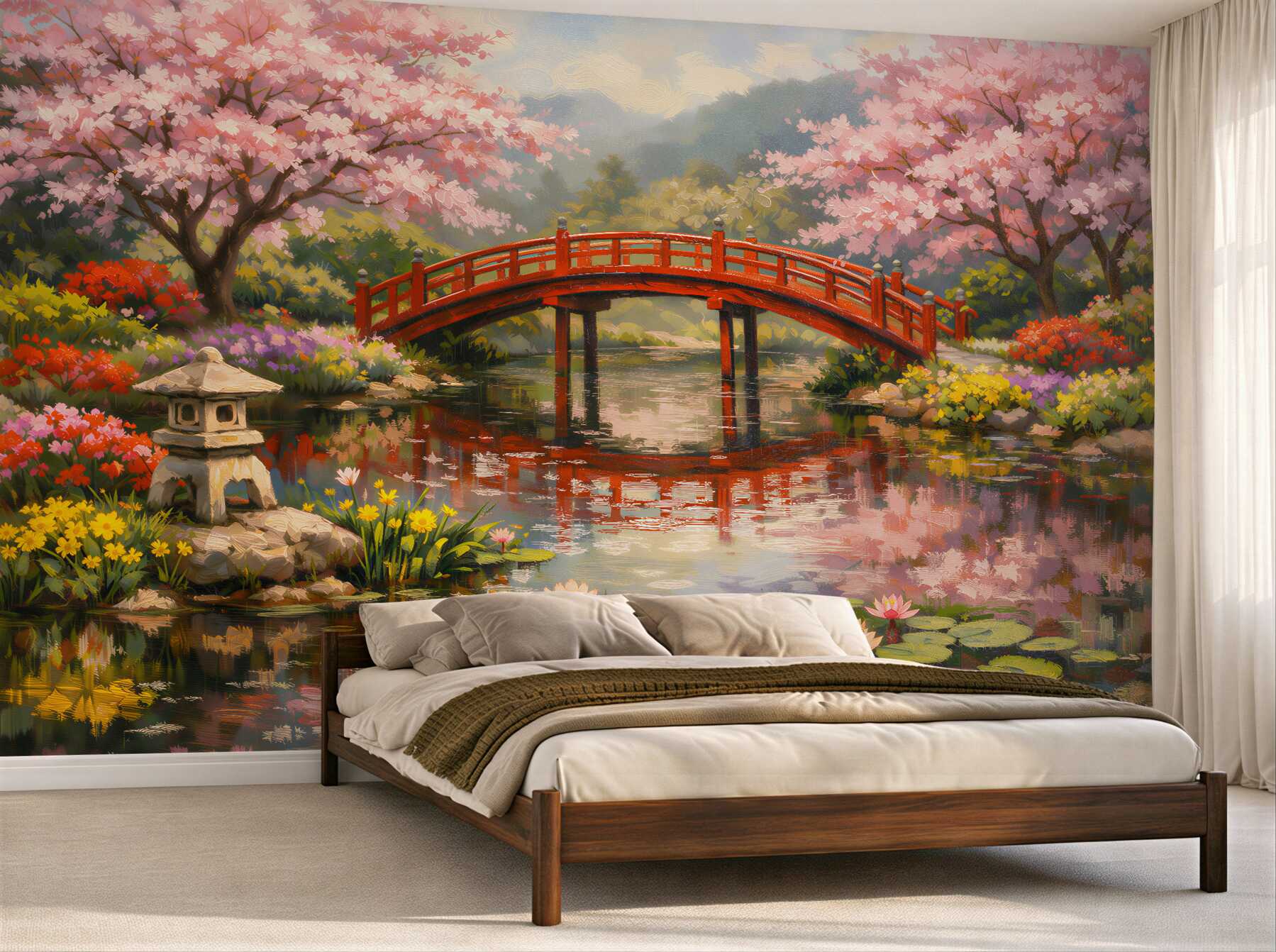 Fototapeten Japanischer Garten mit roter Brücke