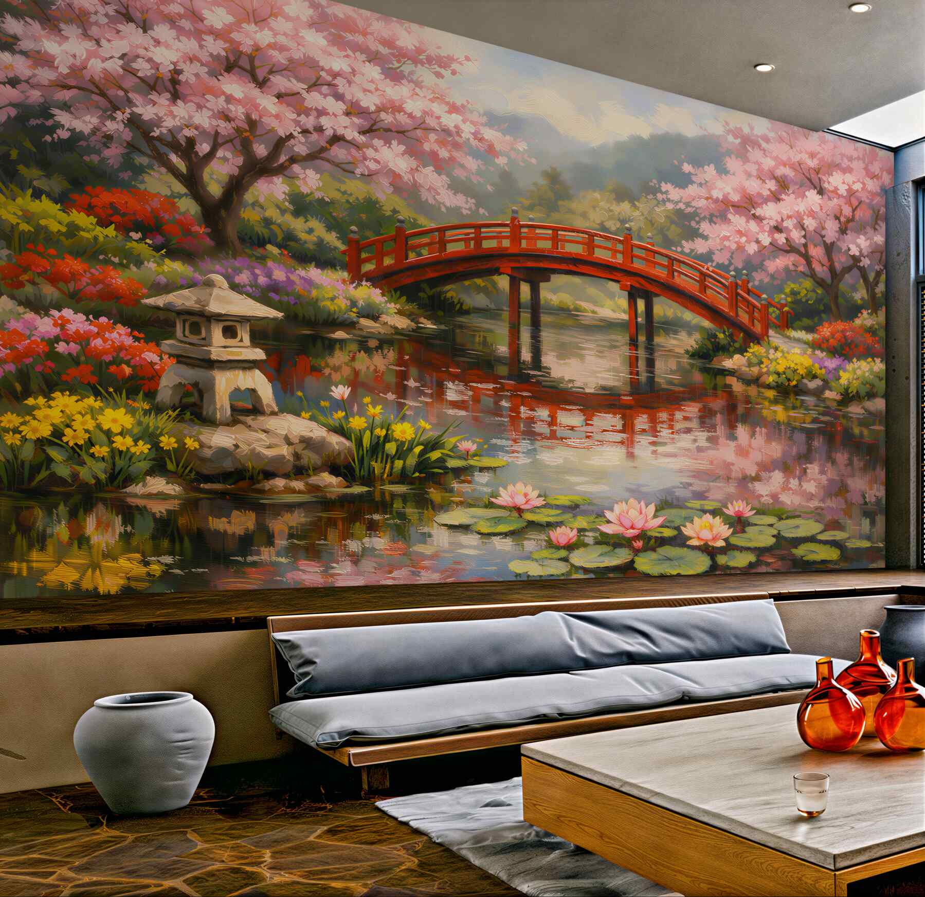 Fototapeten Japanischer Garten mit roter Brücke