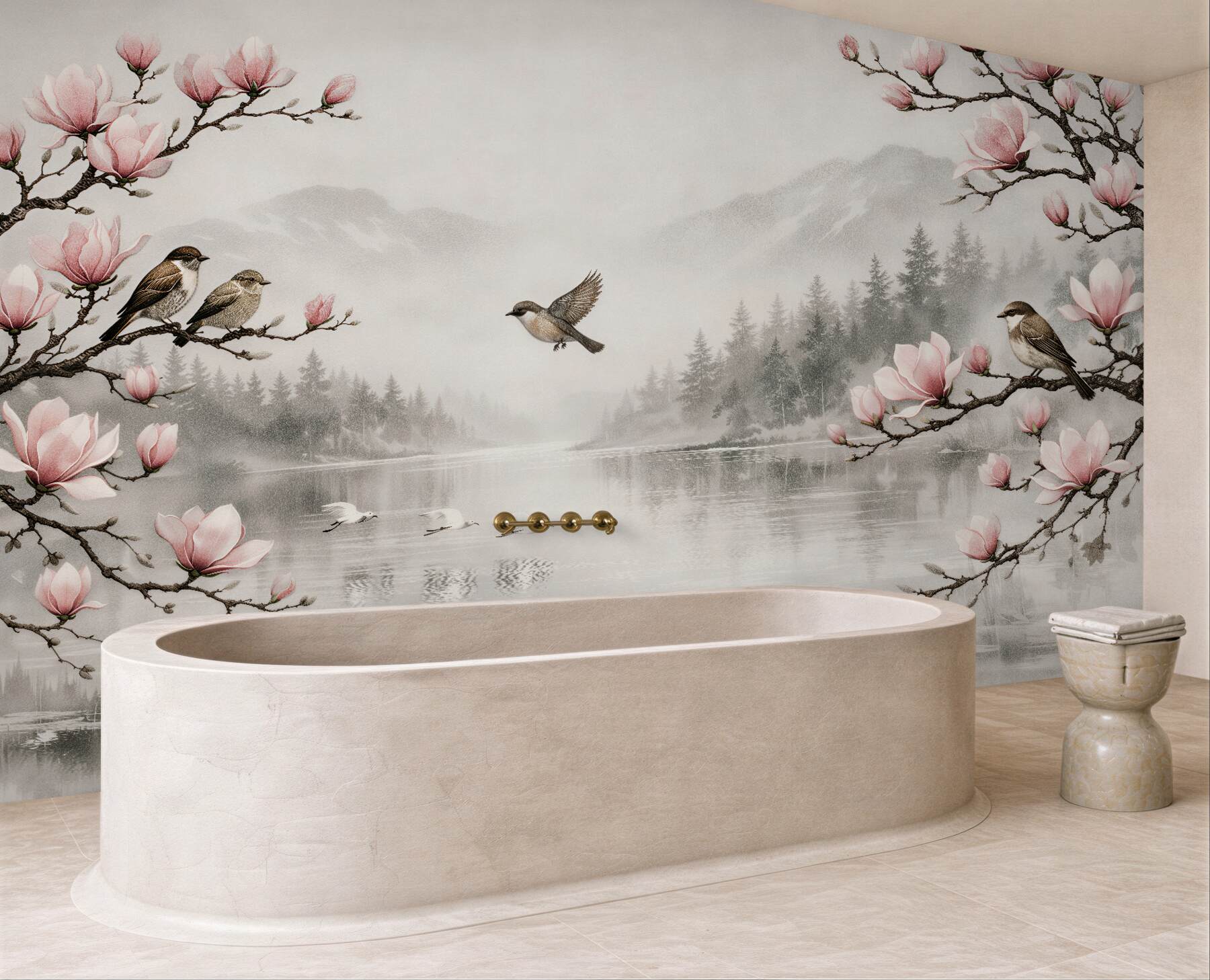 Fototapeten Magnolien über einem nebligen See