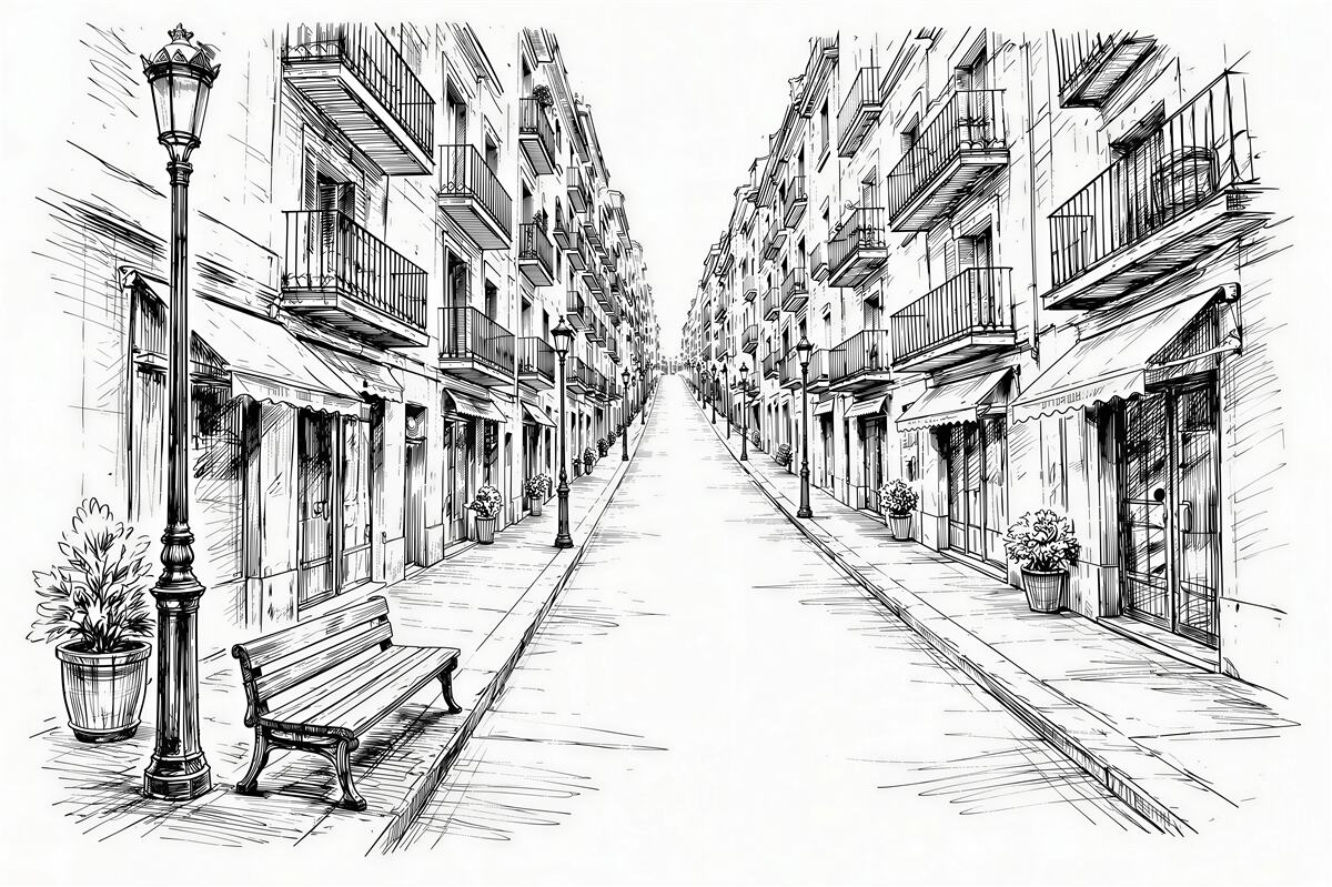 Fototapeten Skizze einer Stadtgasse in Perspektive