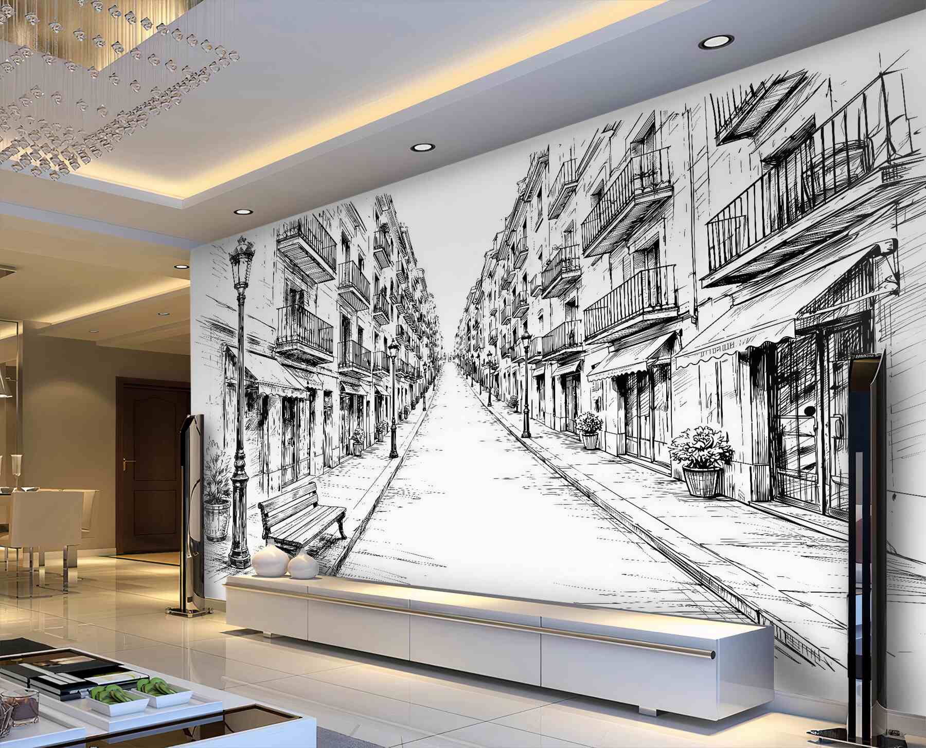 Fototapeten Skizze einer Stadtgasse in Perspektive