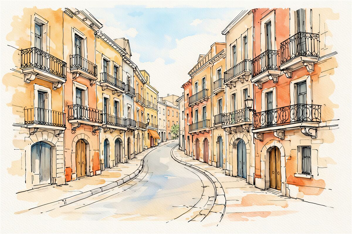 Fototapeten Aquarell-Sonnengasse mit Balkonen