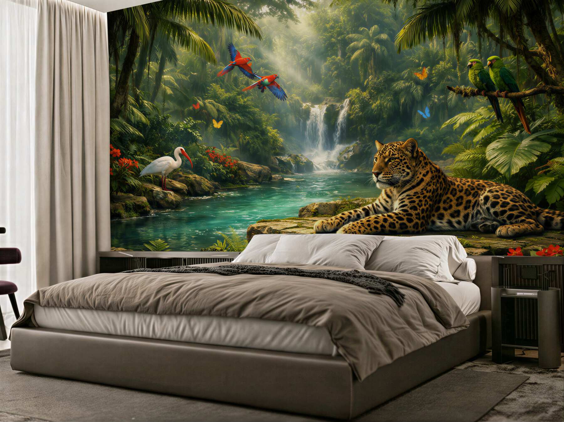 Fototapeten Dschungel mit Jaguar und Wasserfall