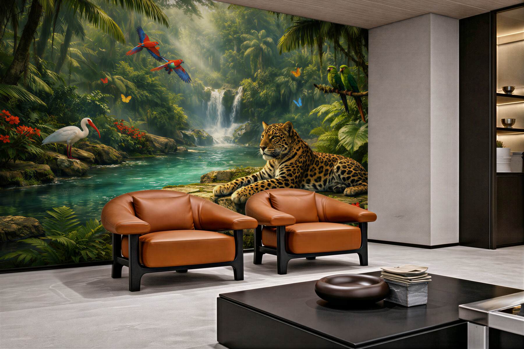 Fototapeten Dschungel mit Jaguar und Wasserfall