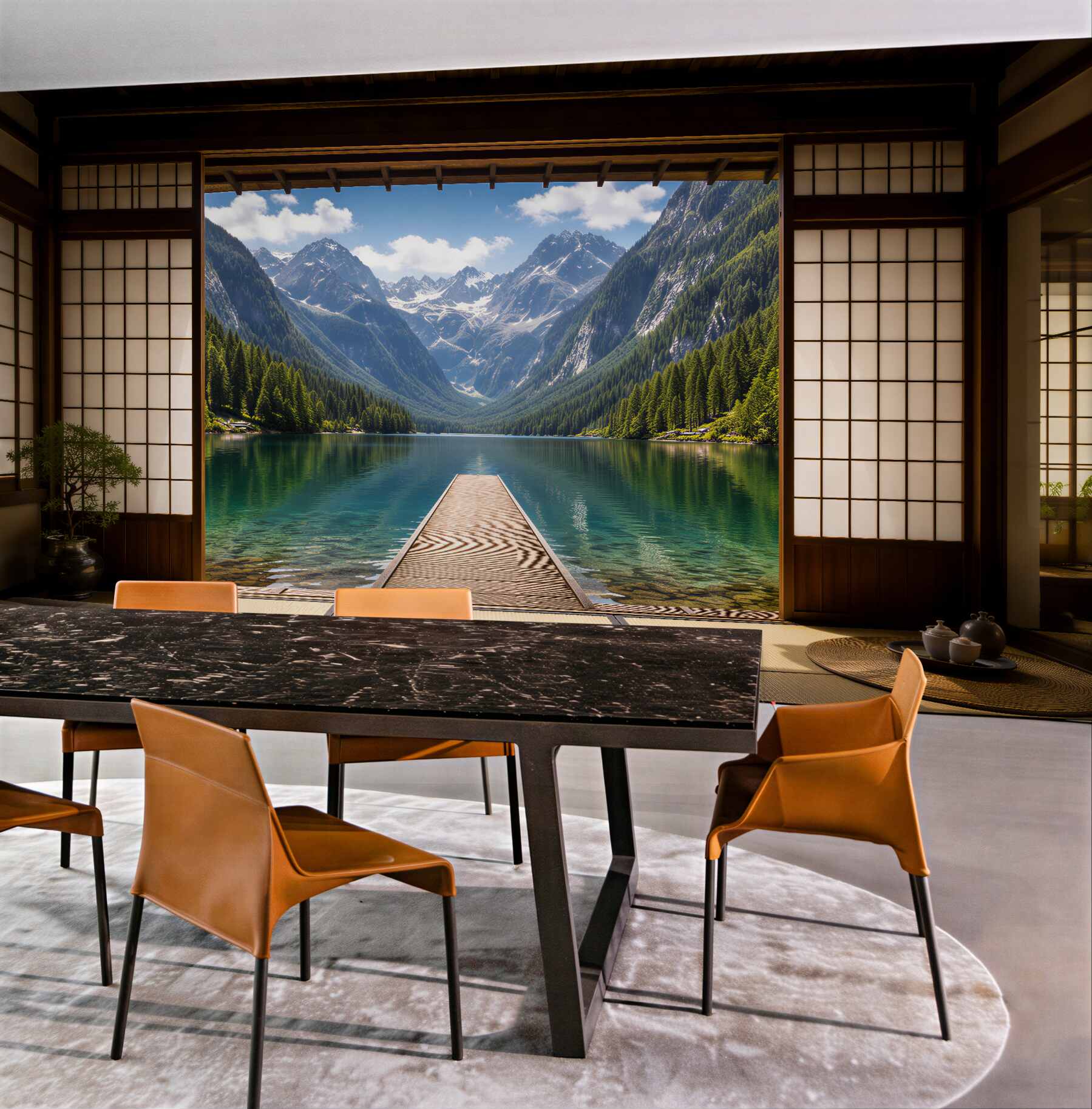 Fototapeten Bergsee hinter einem japanischen Fenster