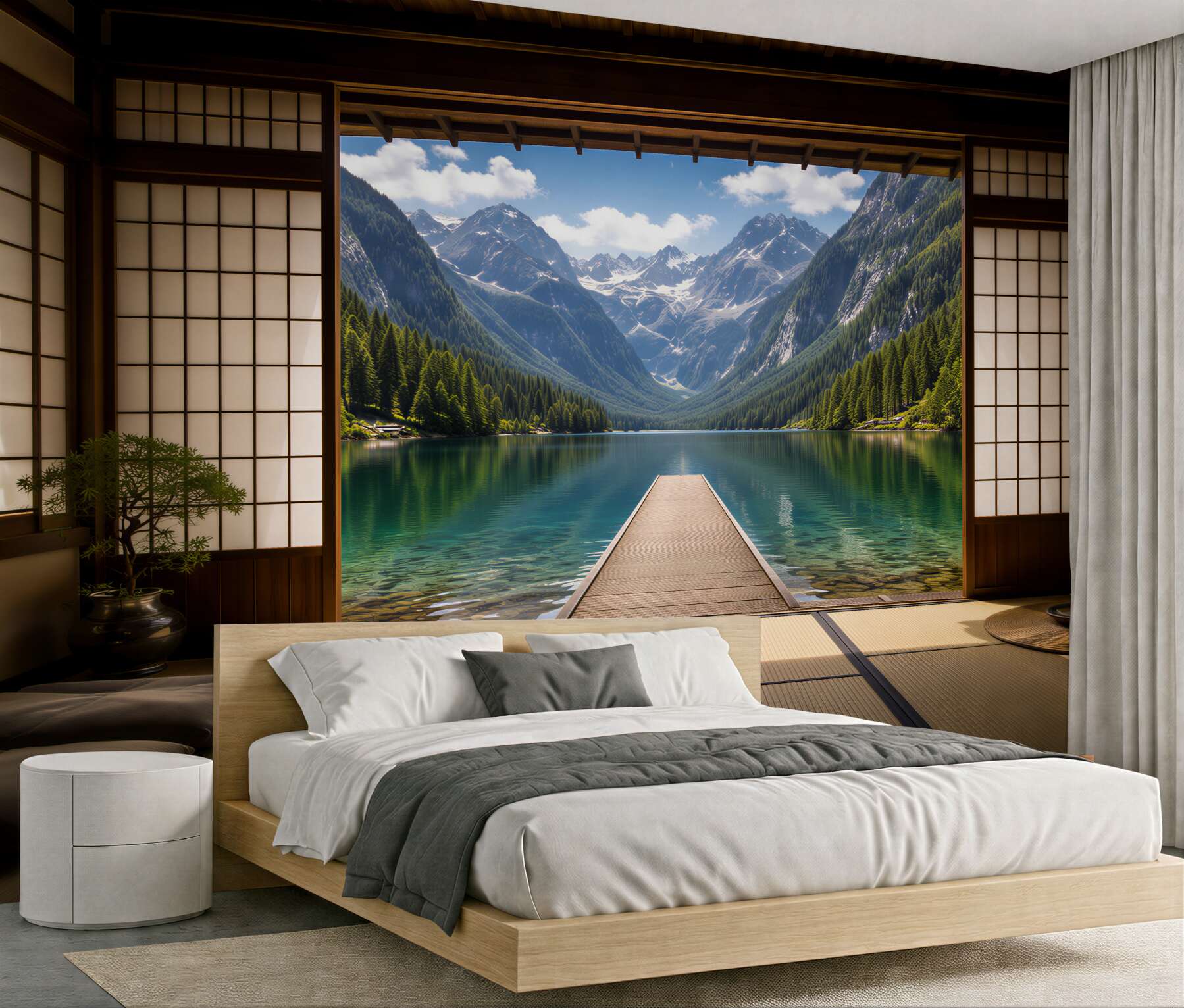 Fototapeten Bergsee hinter einem japanischen Fenster