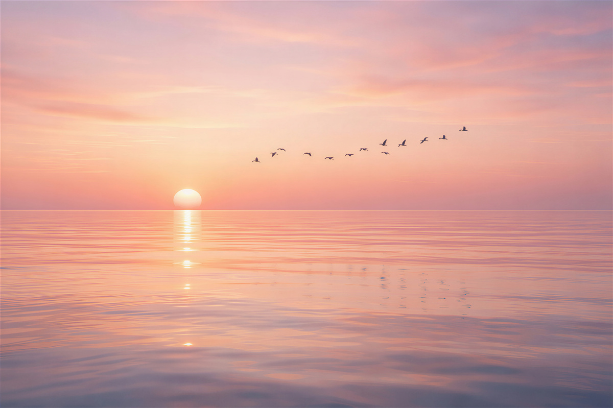 Fototapeten Pastellfarbener Sonnenaufgang über dem ruhigen Meer