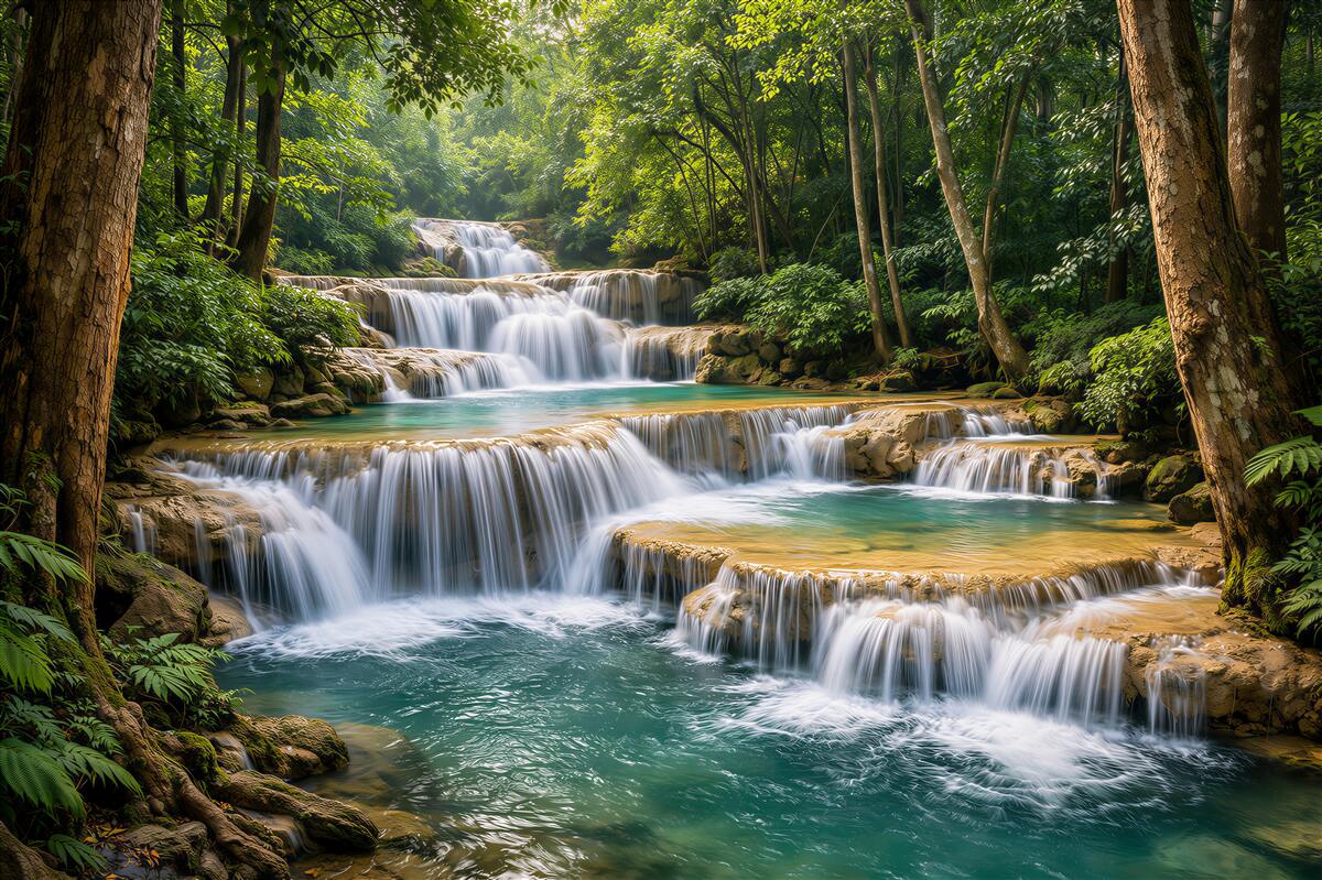 Fototapeten Türkisfarbene Wasserfälle im grünen Wald