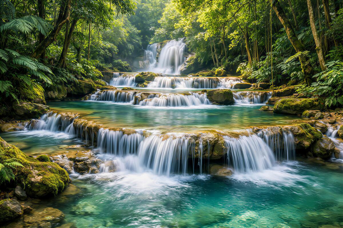 Fototapeten Tropischer Wasserfall im grünen Dschungel