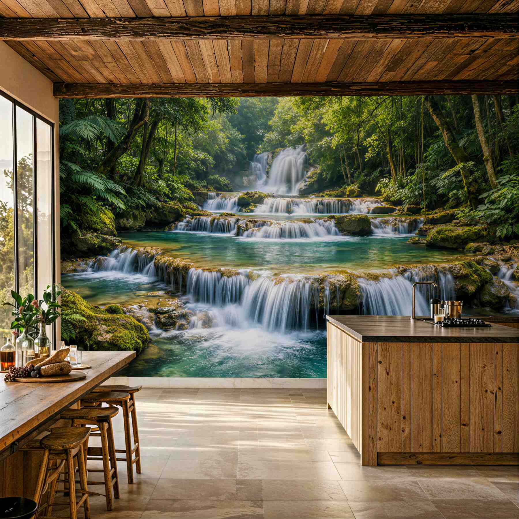 Fototapeten Tropischer Wasserfall im grünen Dschungel