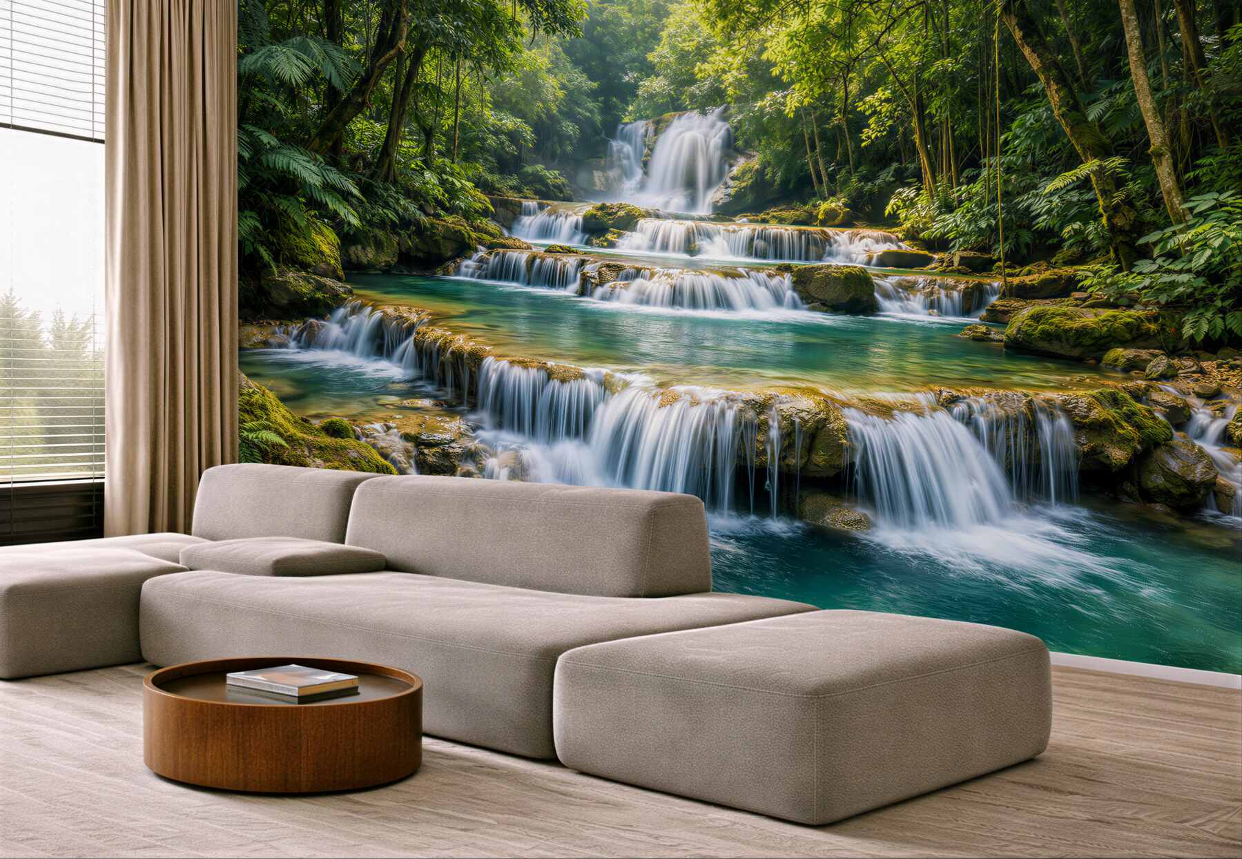 Fototapeten Tropischer Wasserfall im grünen Dschungel