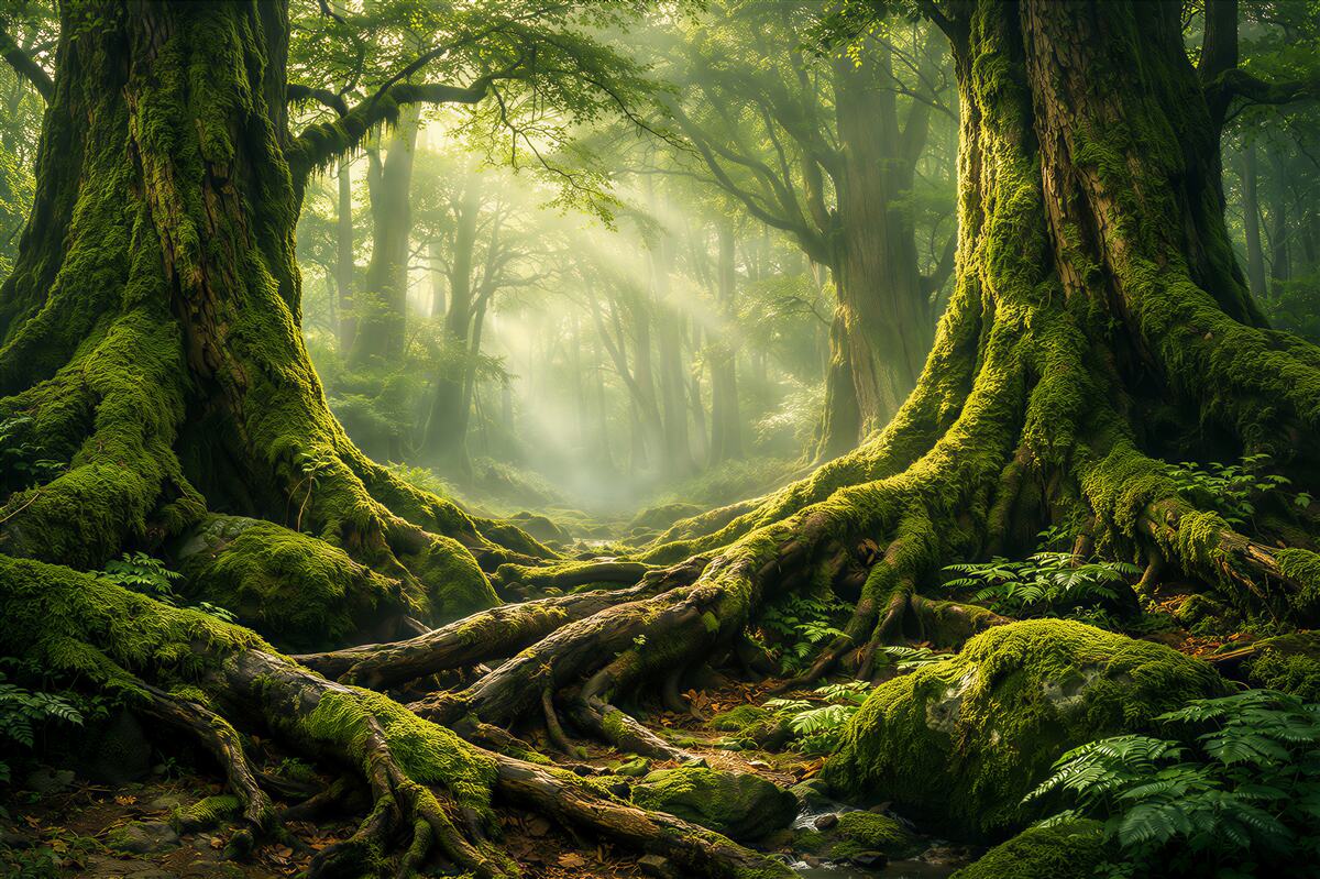Fototapeten Märchenhafter Wald in Lichtstrahlen
