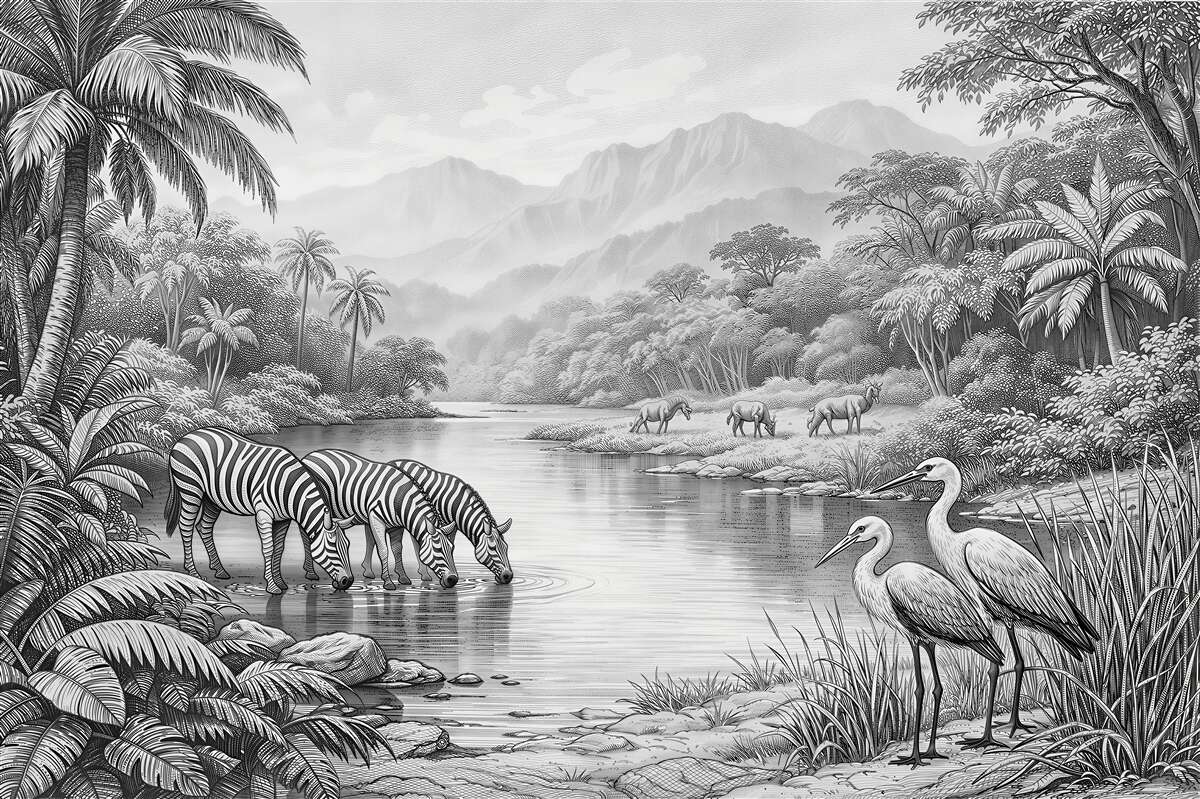 Fototapeten Zebras und Reiher im Dschungel