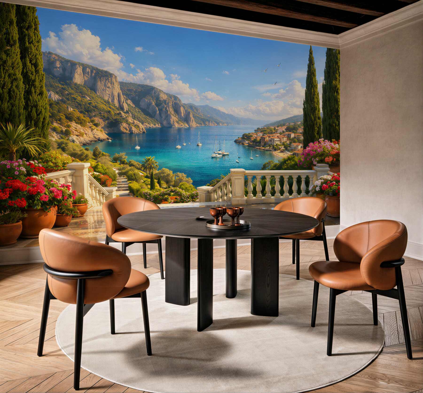 Fototapeten Sonnige Terrasse über der azurblauen Bucht