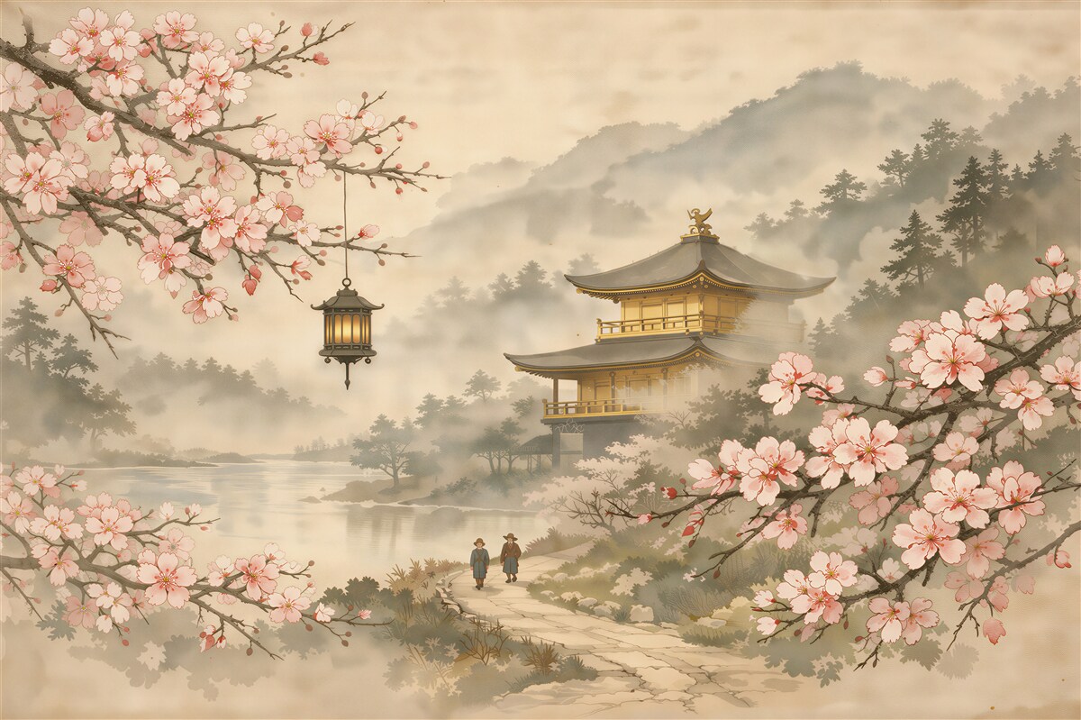 Fototapeten Nebelige Pagode in Kirschblüten